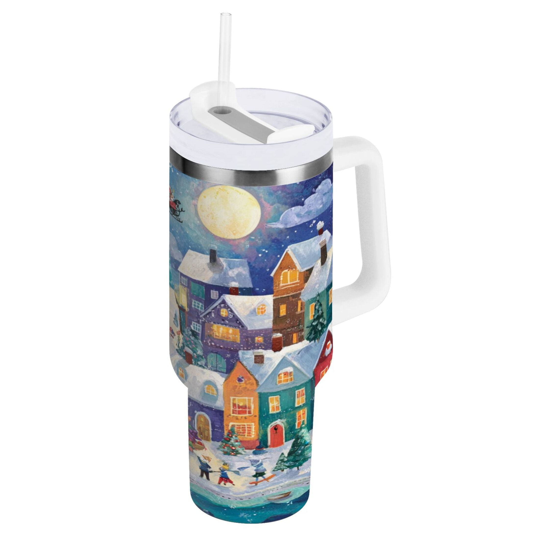 30 oz Insulated Stainless Steel Tumbler Double Wall Stainless Steel Tumbler with 2-Way Drinking Charming Christmas Scene [0ZW1]