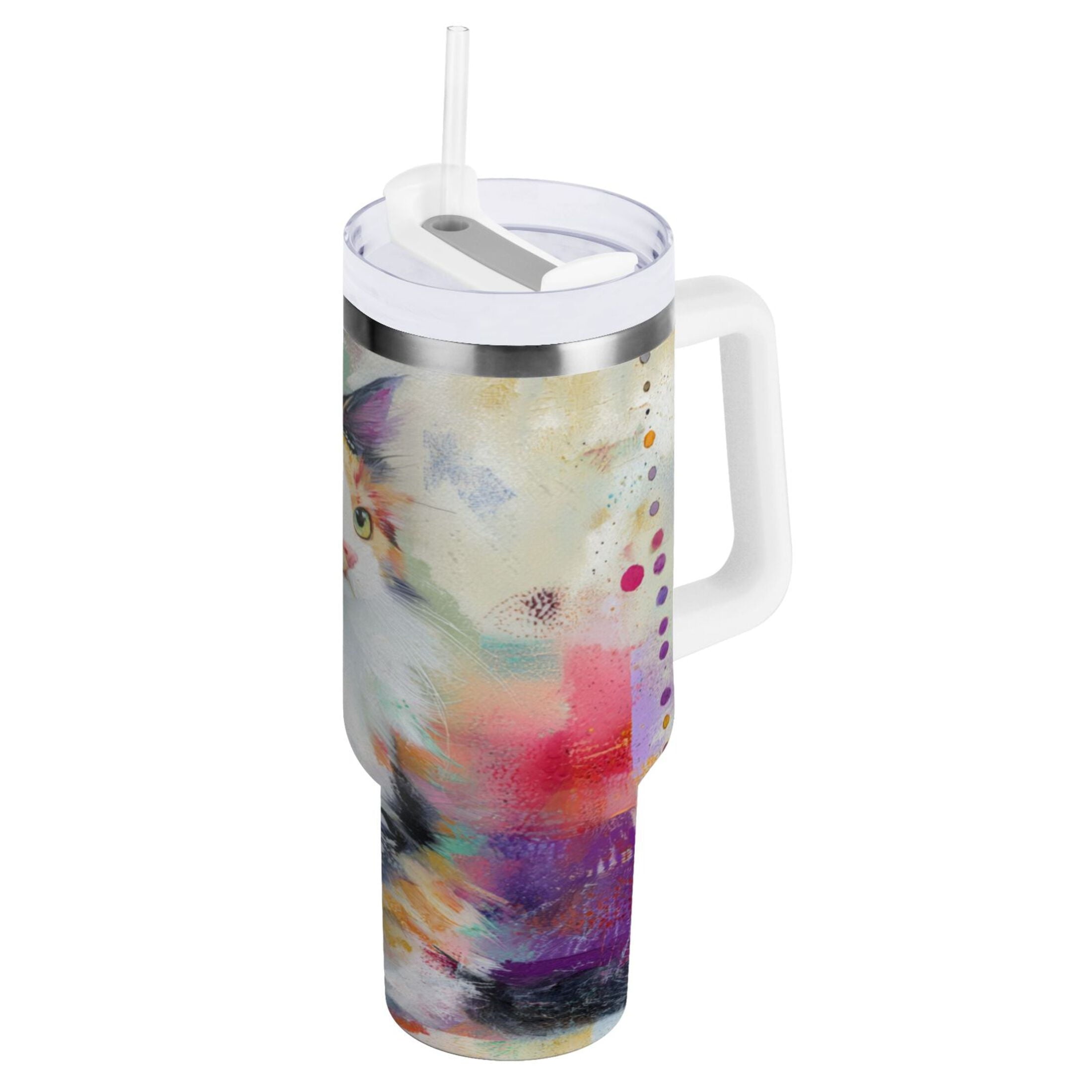 30 oz Insulated Stainless Steel Tumbler Double Wall Stainless Steel Tumbler with 2-Way Drinking Charming Hairy Cat [NGHI]