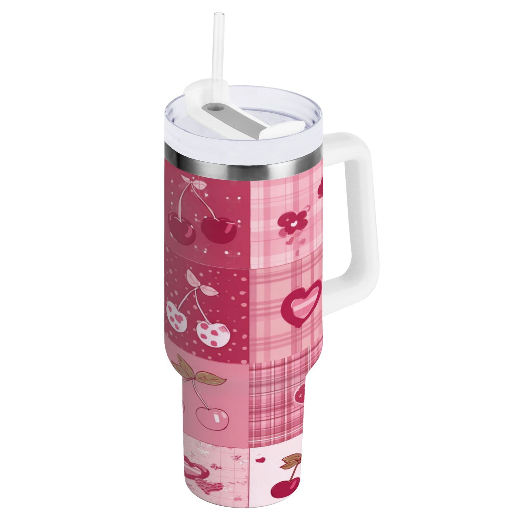 30 oz Insulated Stainless Steel Tumbler Double Wall Stainless Steel Tumbler with 2-Way Drinking Cherry Pattern with Bows [SC3Y]