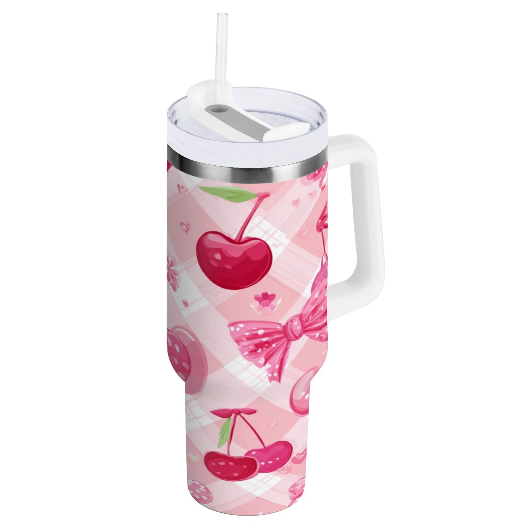 30 oz Insulated Stainless Steel Tumbler Double Wall Stainless Steel Tumbler with 2-Way Drinking Cherry and Pink Bow Pattern [Z4TM]
