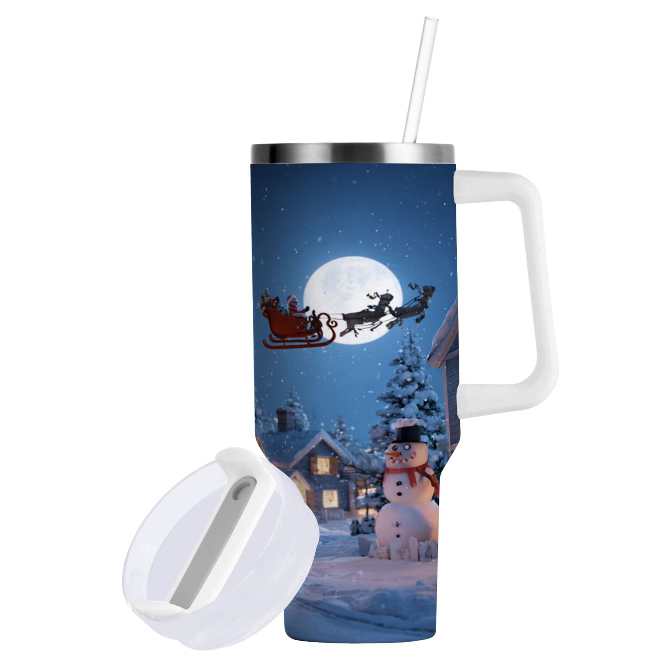 30 oz Insulated Stainless Steel Tumbler Double Wall Stainless Steel Tumbler with 2-Way Drinking Christmas Night Scene [2TZG]