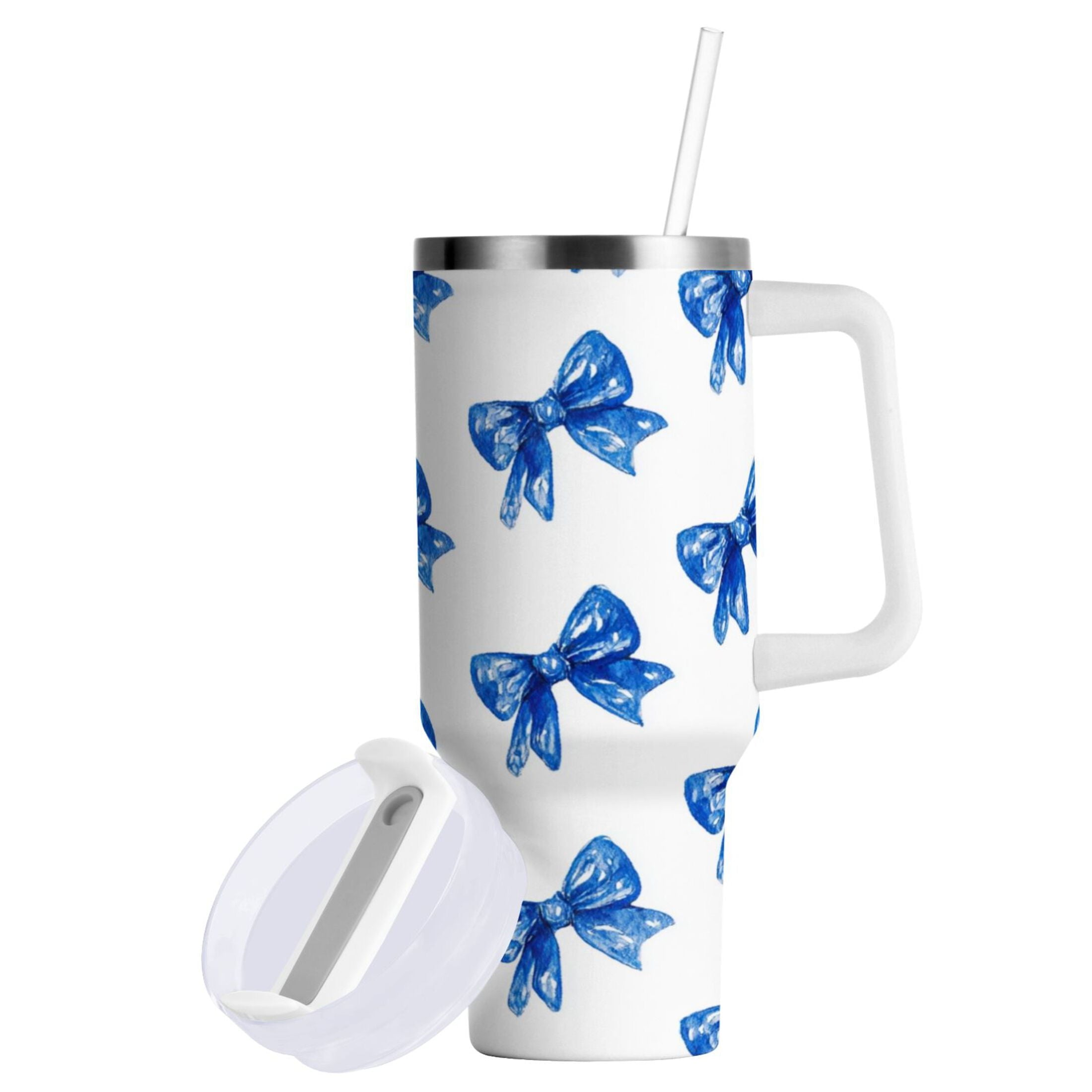 30 oz Insulated Stainless Steel Tumbler Double Wall Stainless Steel Tumbler with 2-Way Drinking Blue Bows Pattern [PR2Y]