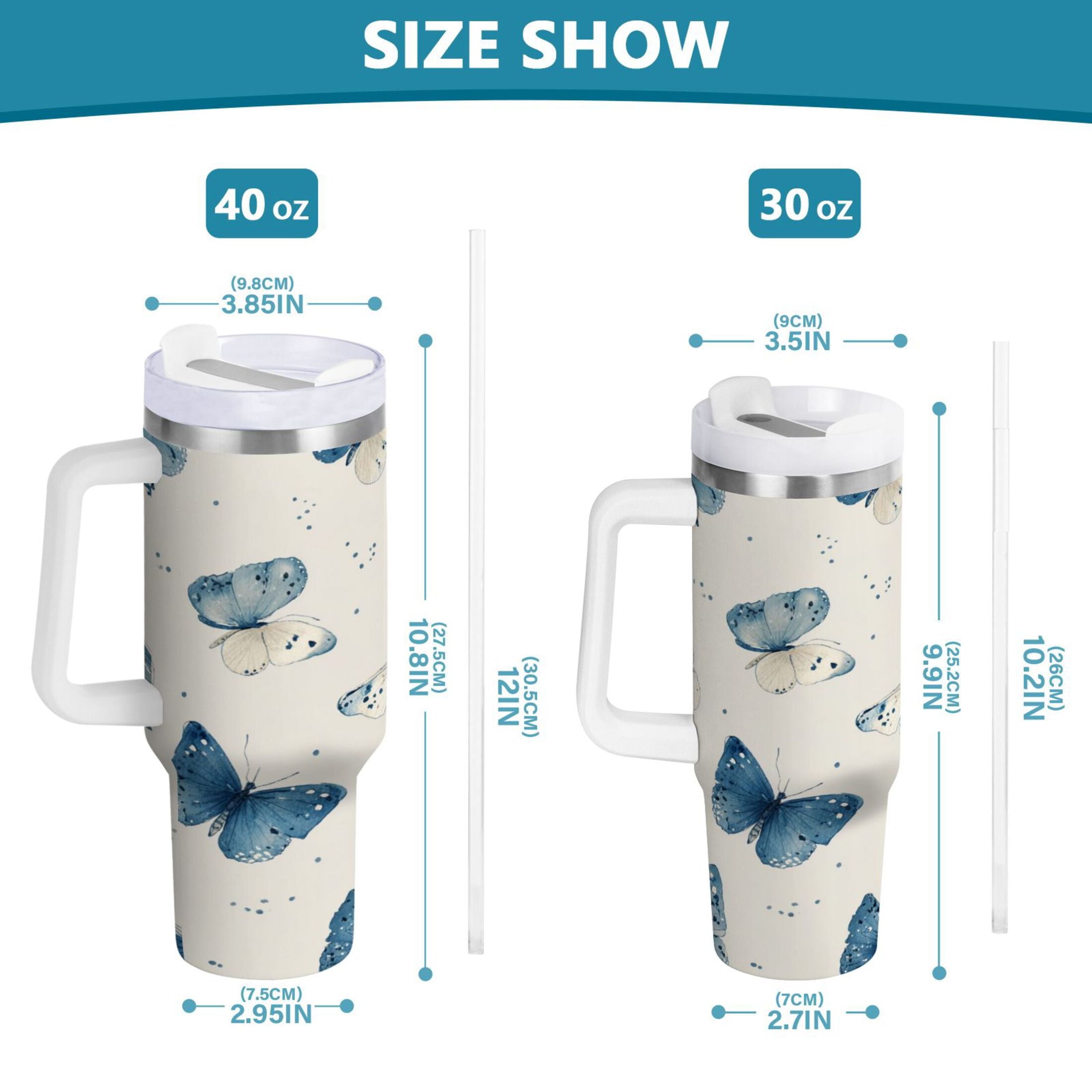 30 oz Insulated Stainless Steel Tumbler Double Wall Stainless Steel Tumbler with 2-Way Drinking Blue Watercolor Butterflies [UW17]