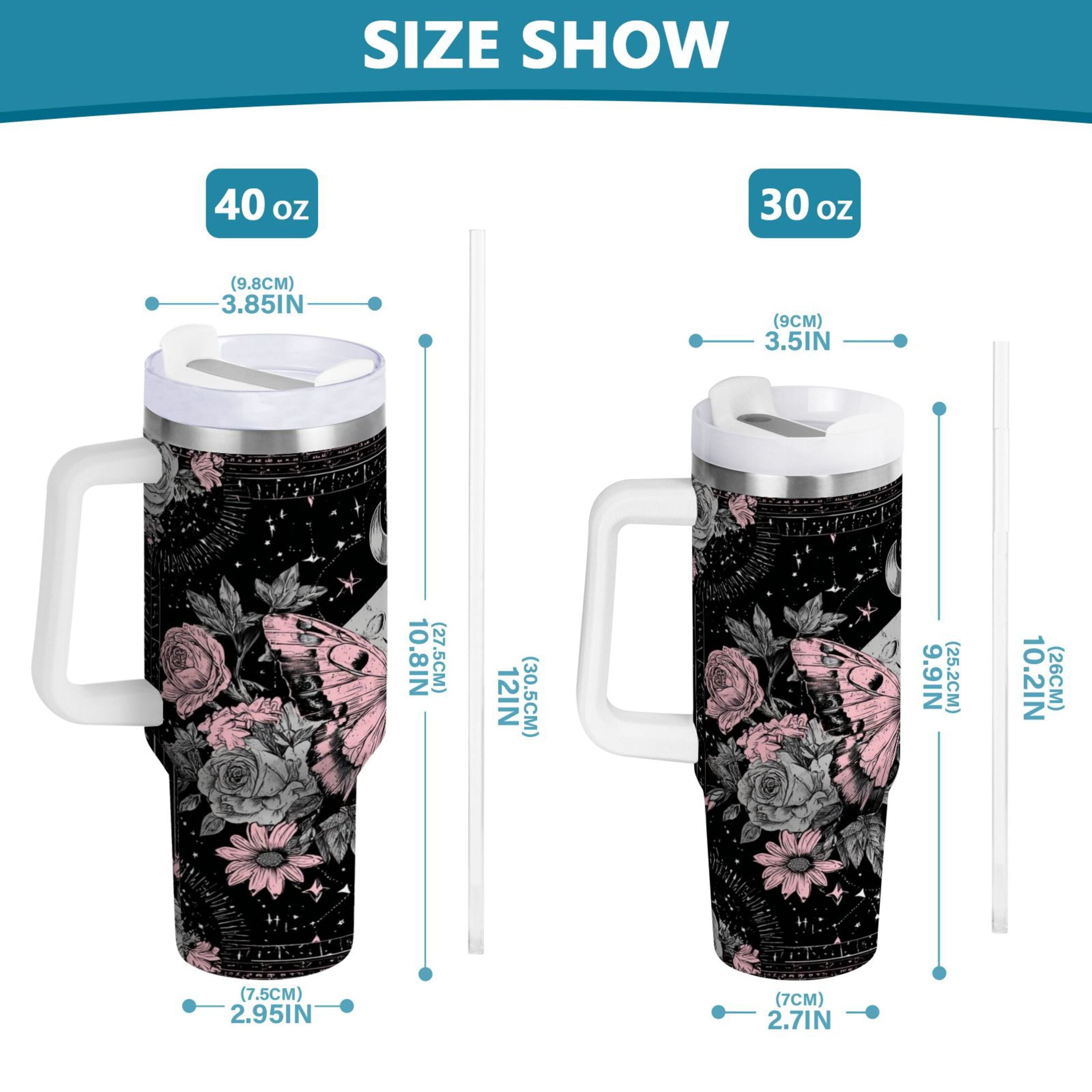 30 oz Insulated Stainless Steel Tumbler Double Wall Stainless Steel Tumbler with 2-Way Drinking Butterfly by Moon and Flowers [HFI0]