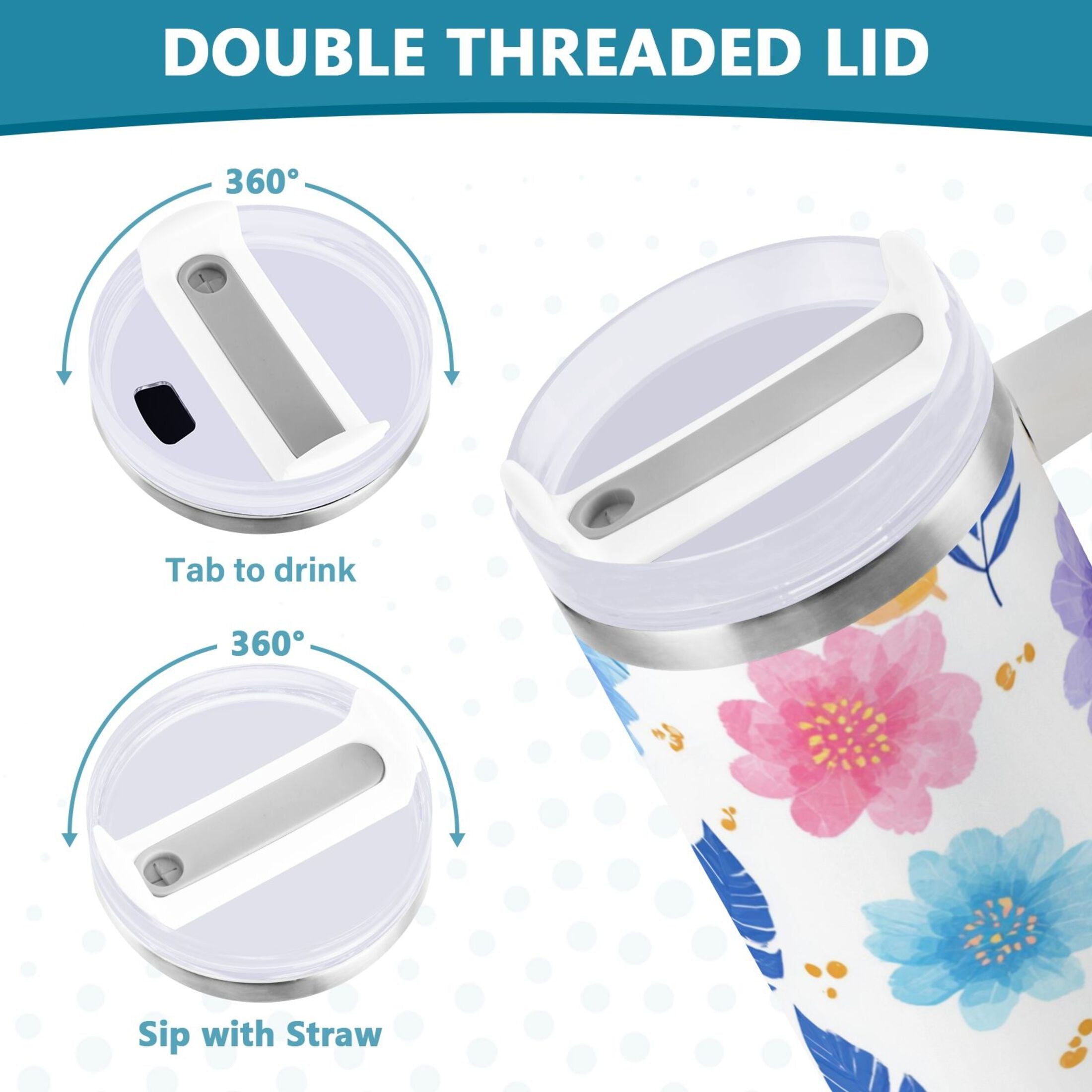 30 oz Insulated Stainless Steel Tumbler Double Wall Stainless Steel Tumbler with 2-Way Drinking Blue and Purple Flowers [XC98]