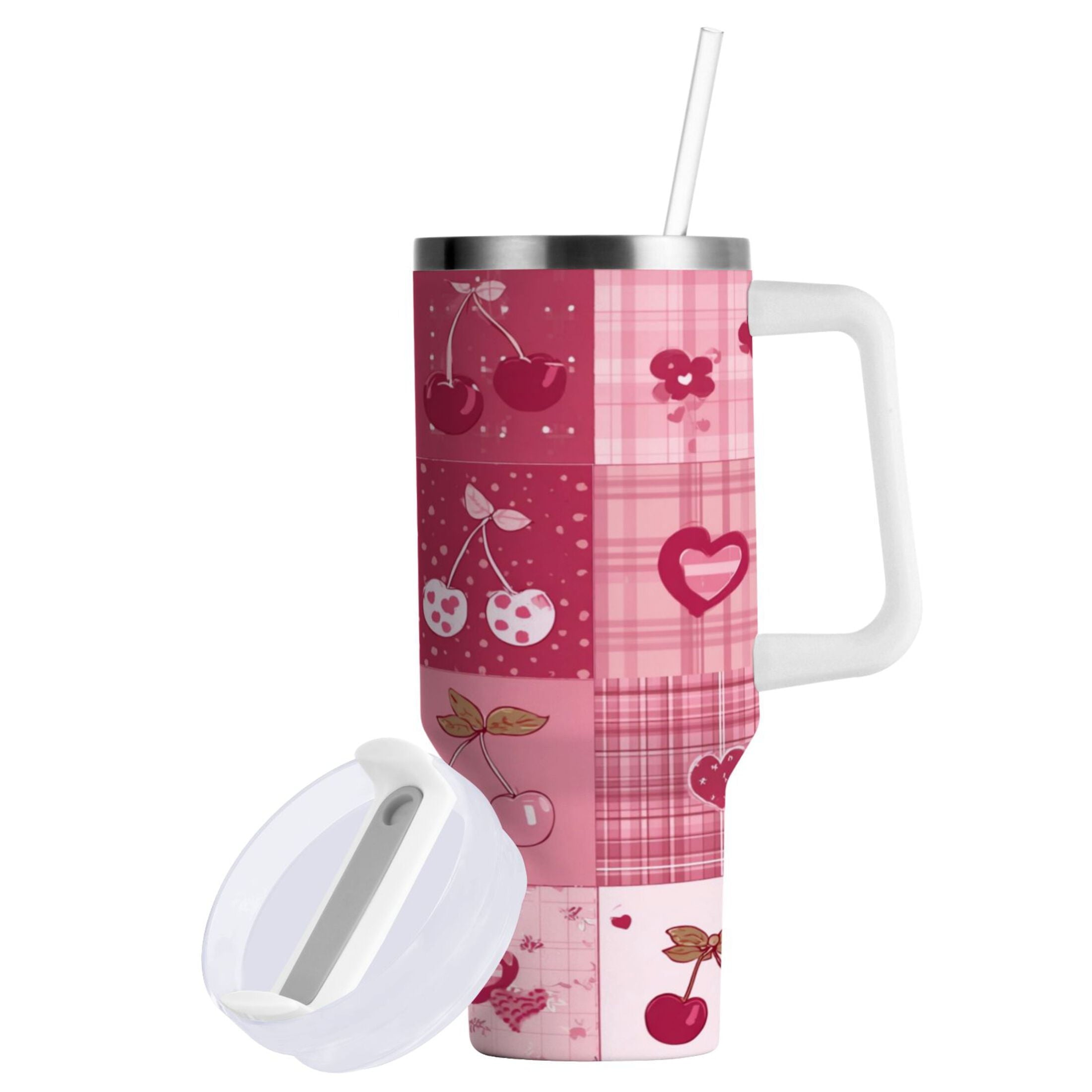 30 oz Insulated Stainless Steel Tumbler Double Wall Stainless Steel Tumbler with 2-Way Drinking Cherry Pattern with Bows [SC3Y]