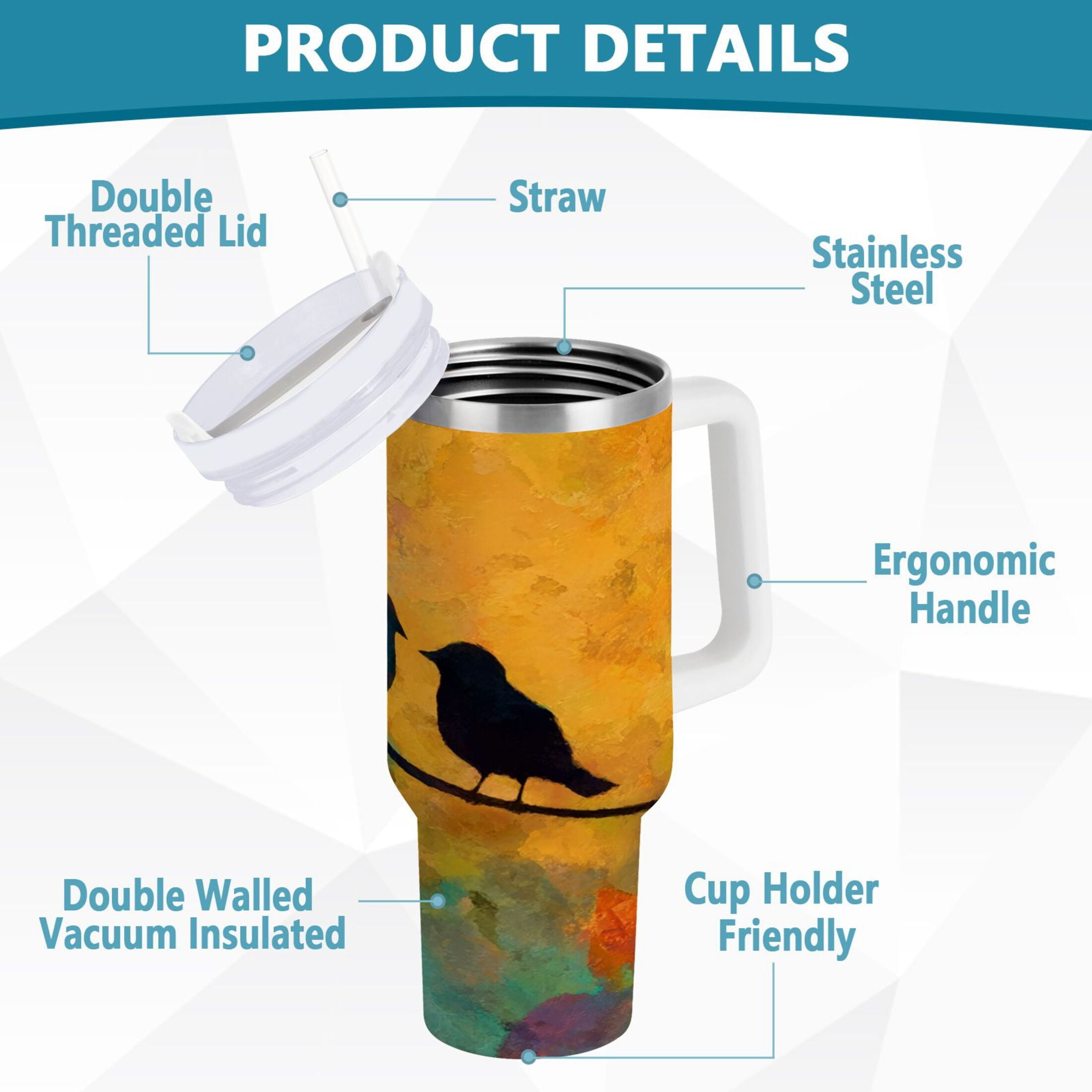 30 oz Insulated Stainless Steel Tumbler Double Wall Stainless Steel Tumbler with 2-Way Drinking Birds on A Wire [23H2]