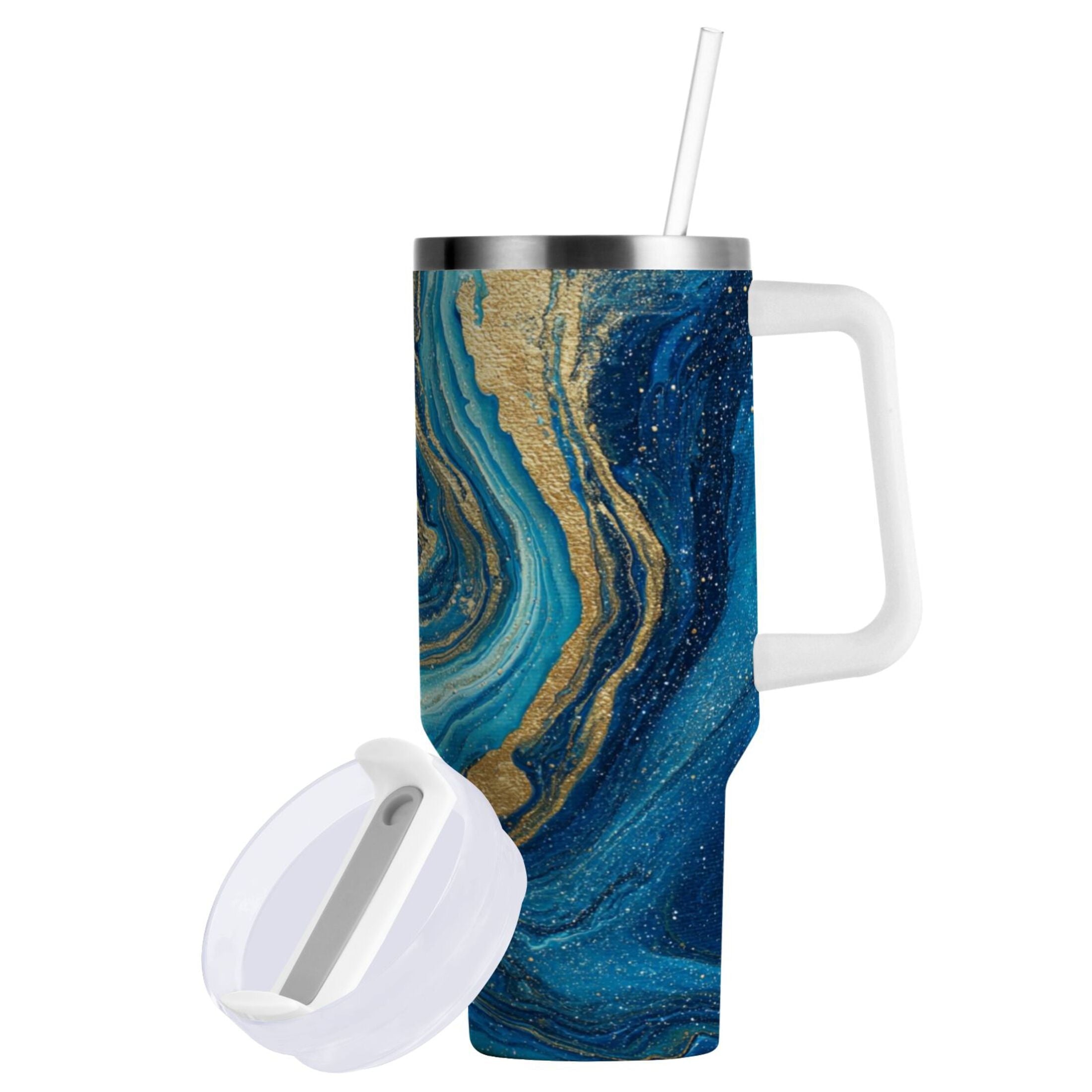 30 oz Insulated Stainless Steel Tumbler Double Wall Stainless Steel Tumbler with 2-Way Drinking Blue and Gold Ocean [TV9M]