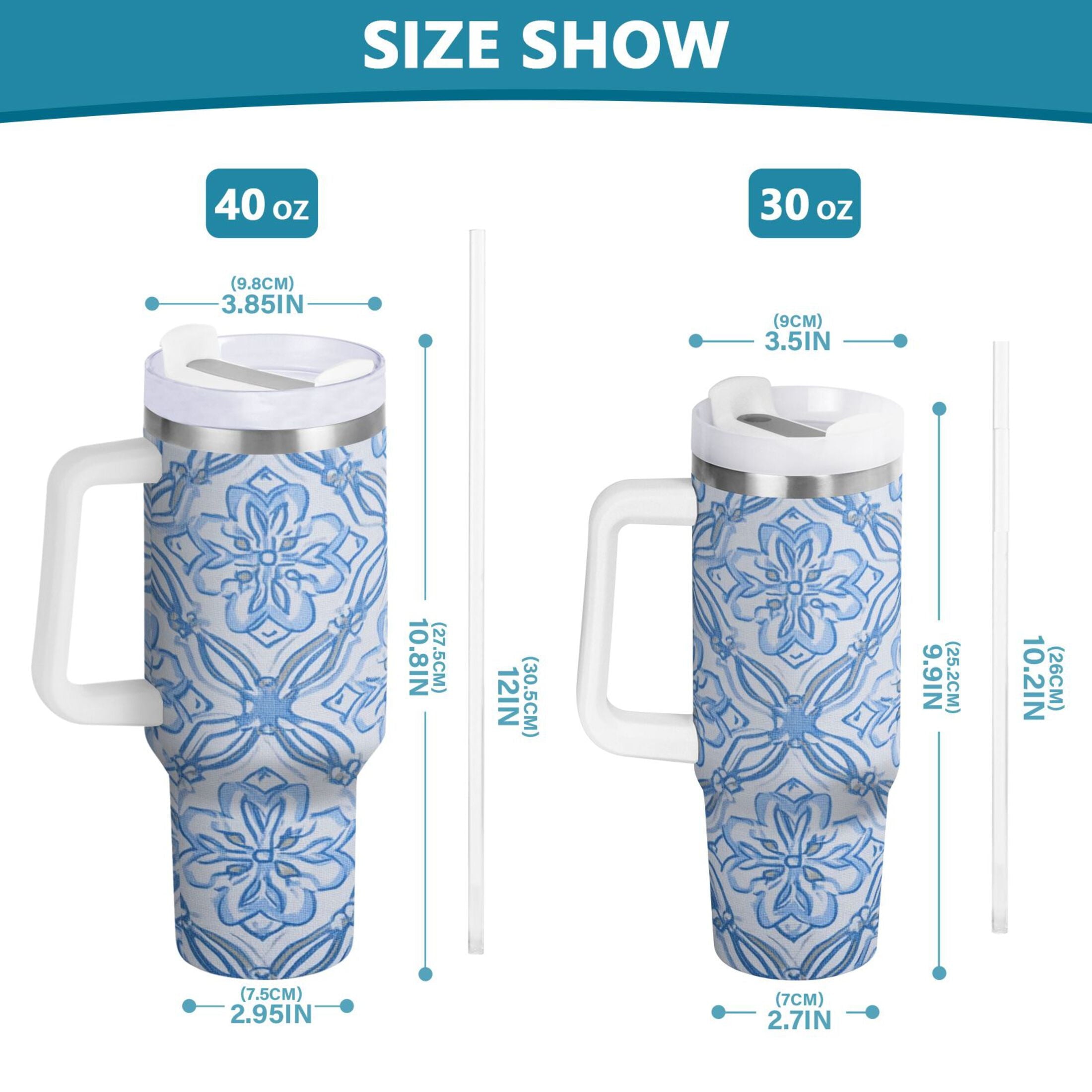 30 oz Insulated Stainless Steel Tumbler Double Wall Stainless Steel Tumbler with 2-Way Drinking Blue Elegant Geometric Design [55KY]