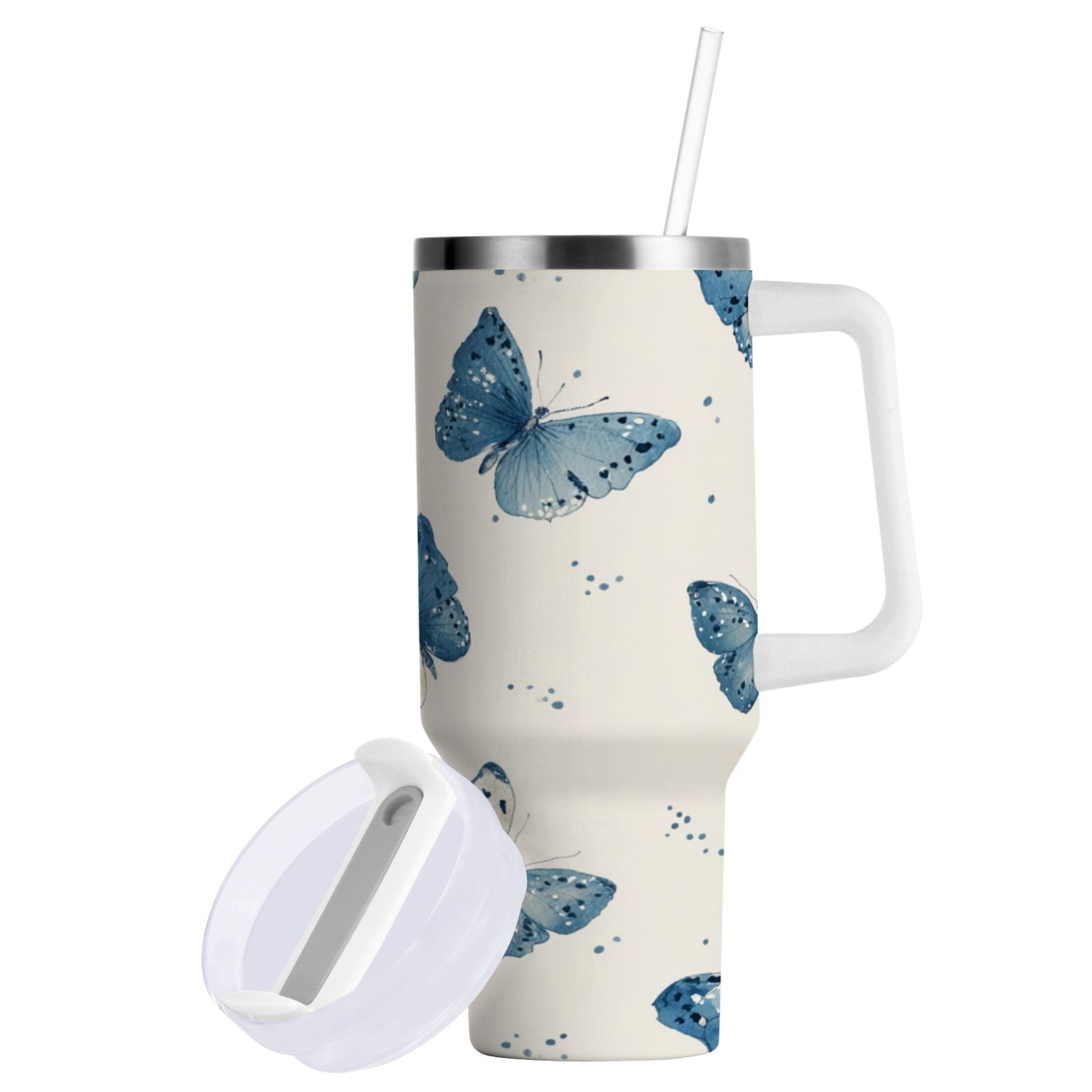 30 oz Insulated Stainless Steel Tumbler Double Wall Stainless Steel Tumbler with 2-Way Drinking Blue Watercolor Butterflies [UW17]