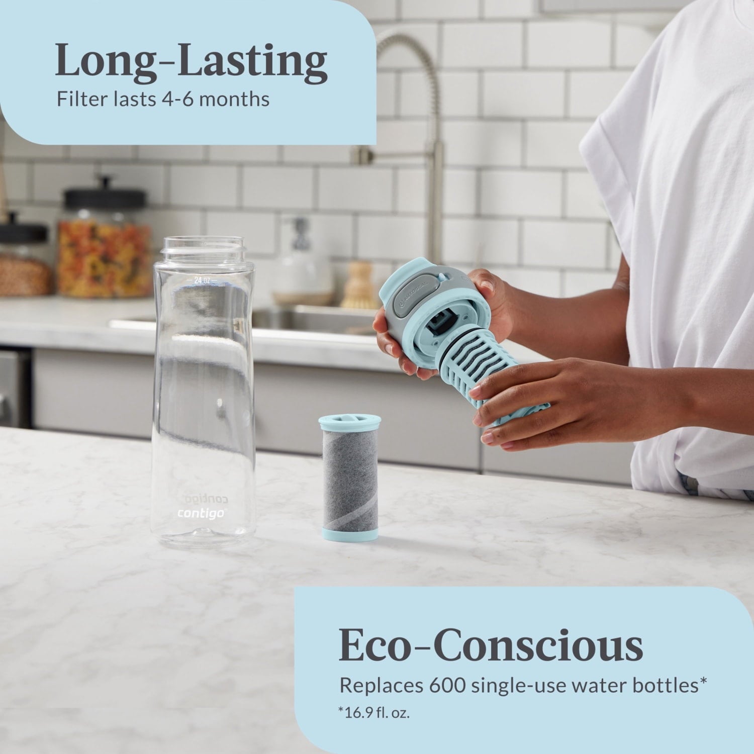 (2 pack) Contigo Clybourn Plastic FreeFlow Filter Water Bottle with AUTOSEAL Lid 24 oz., Salt, with Replacable Filter [FEKF]