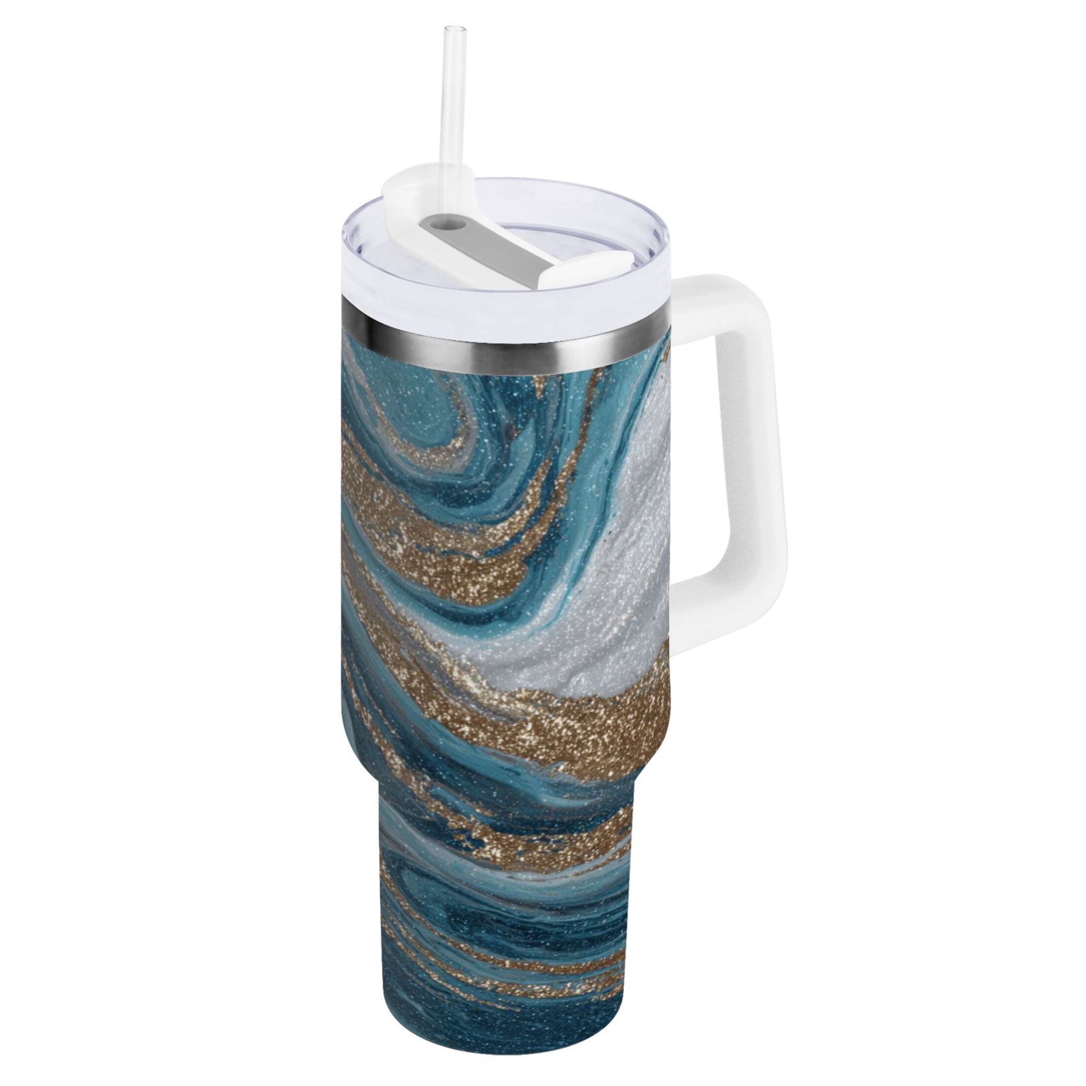 30 oz Insulated Stainless Steel Tumbler Double Wall Stainless Steel Tumbler with 2-Way Drinking Blue and Gold Swirling [YYUW]