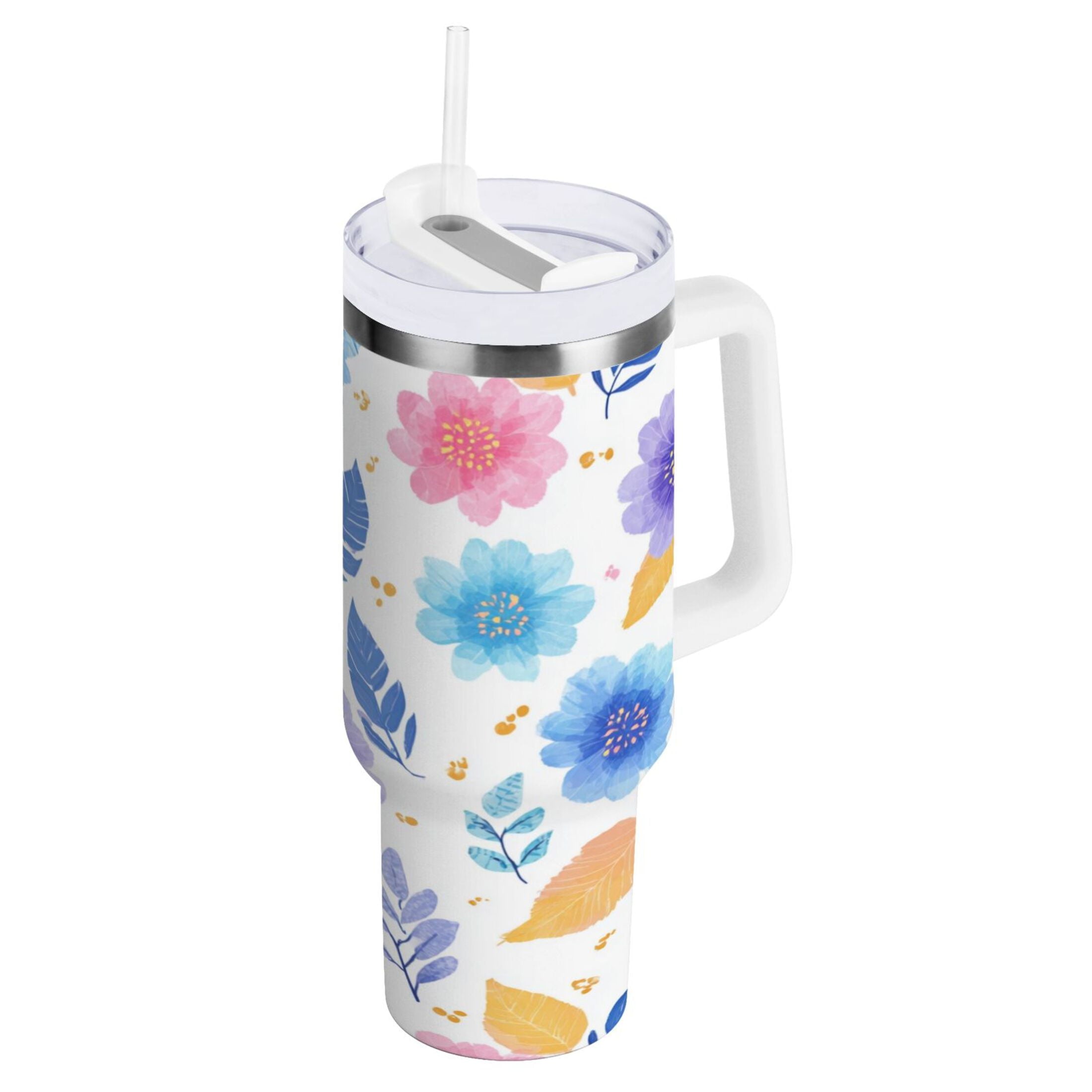 30 oz Insulated Stainless Steel Tumbler Double Wall Stainless Steel Tumbler with 2-Way Drinking Blue and Purple Flowers [XC98]