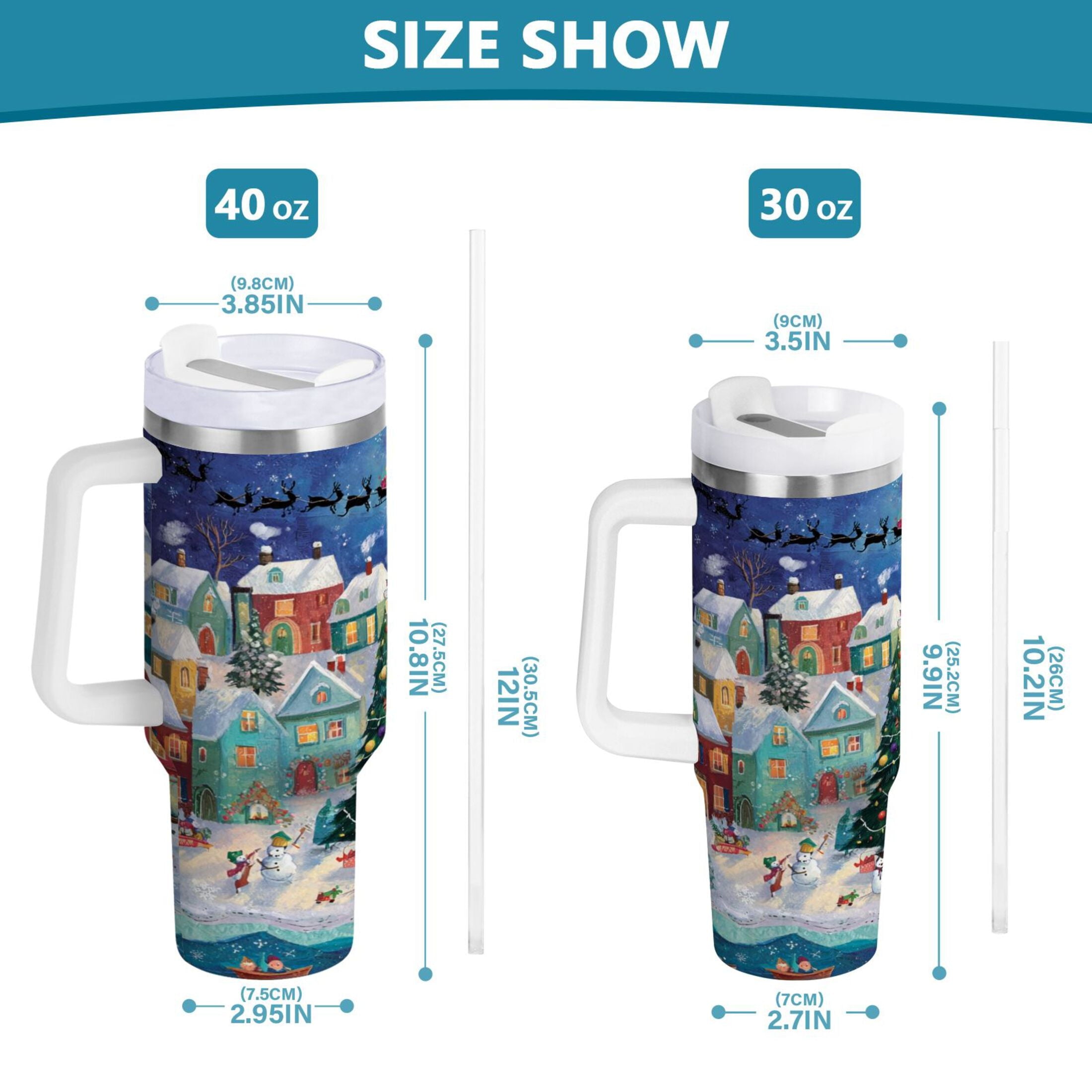 30 oz Insulated Stainless Steel Tumbler Double Wall Stainless Steel Tumbler with 2-Way Drinking Charming Christmas Scene [0ZW1]