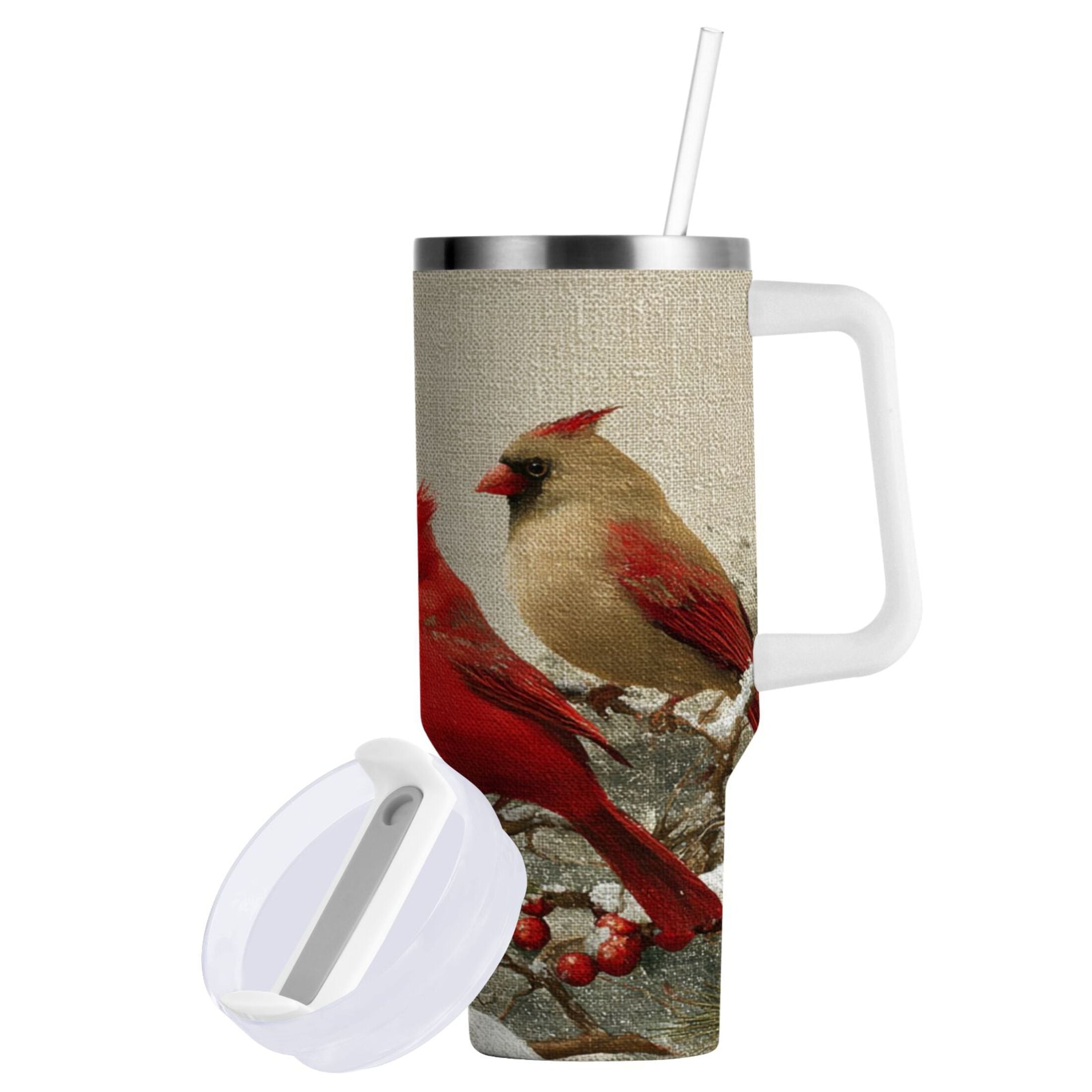 30 oz Insulated Stainless Steel Tumbler Double Wall Stainless Steel Tumbler with 2-Way Drinking Bird and Snow-covered Trees [1A4Q]