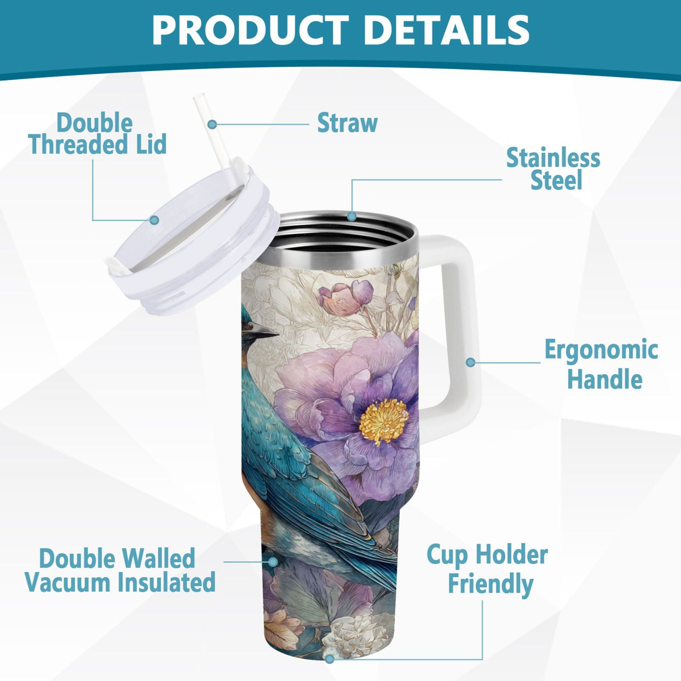 30 oz Insulated Stainless Steel Tumbler Double Wall Stainless Steel Tumbler with 2-Way Drinking Bluebird and Flower [LQBZ]