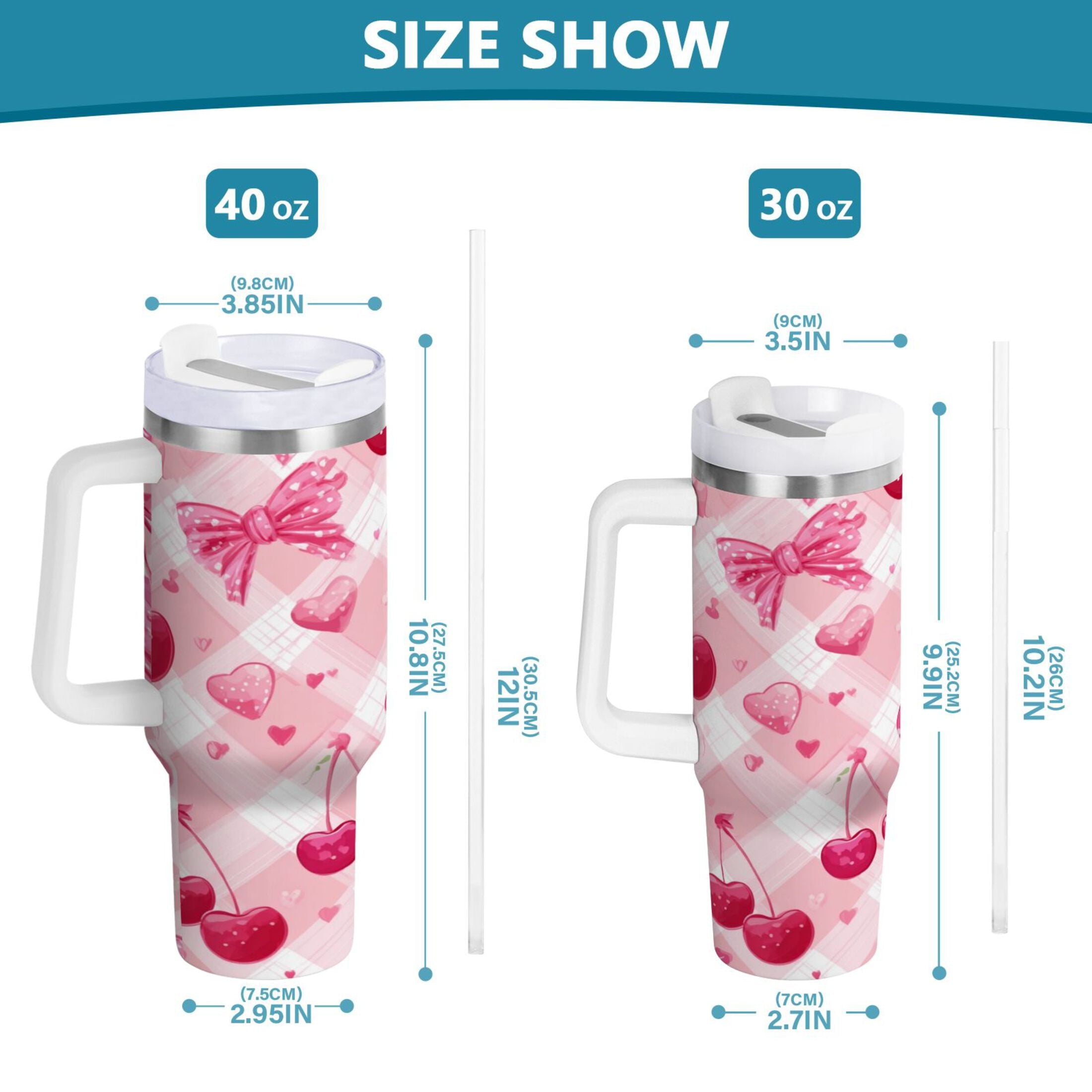 30 oz Insulated Stainless Steel Tumbler Double Wall Stainless Steel Tumbler with 2-Way Drinking Cherry and Pink Bow Pattern [Z4TM]