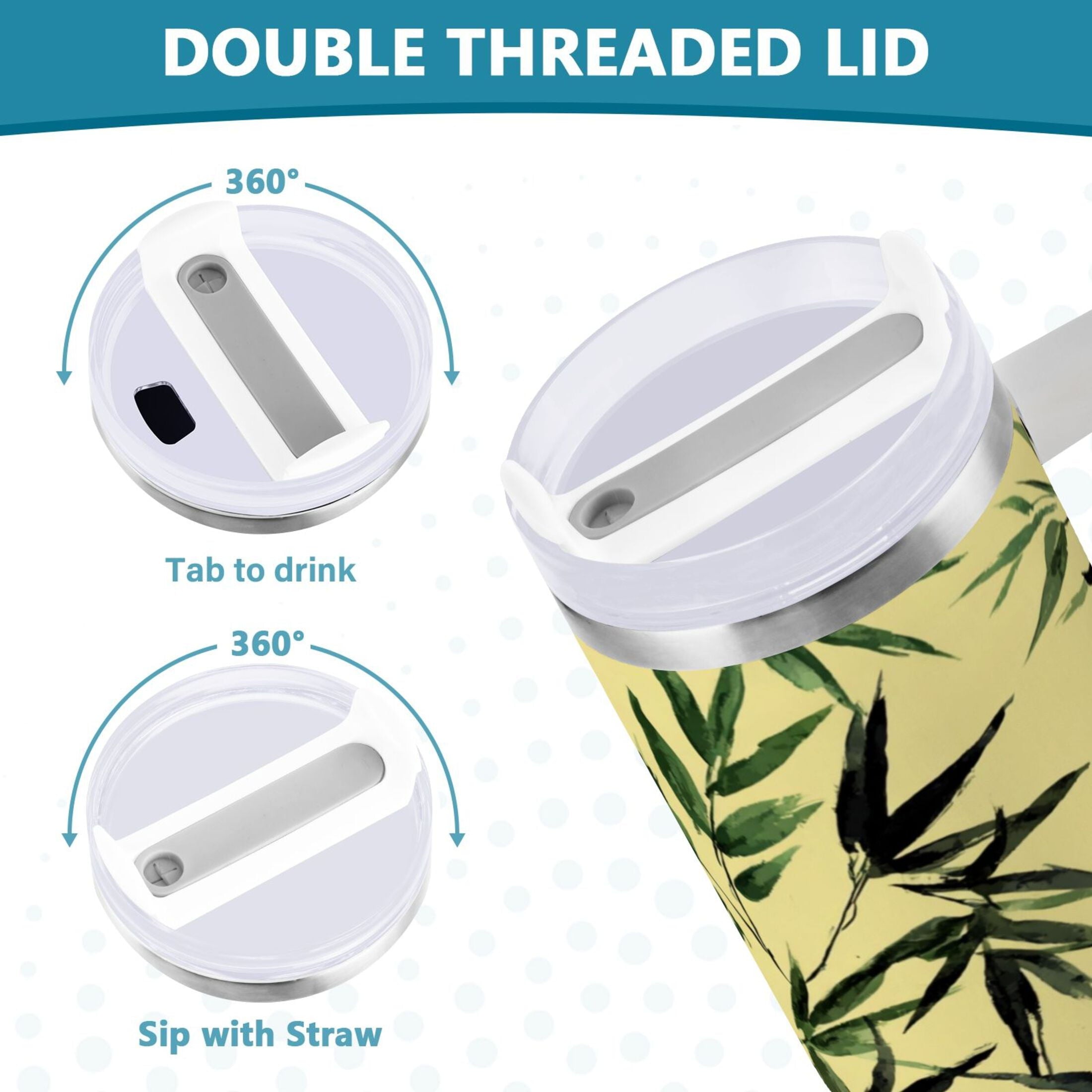 30 oz Insulated Stainless Steel Tumbler Double Wall Stainless Steel Tumbler with 2-Way Drinking Bamboo and Green Leaves [8LM6]
