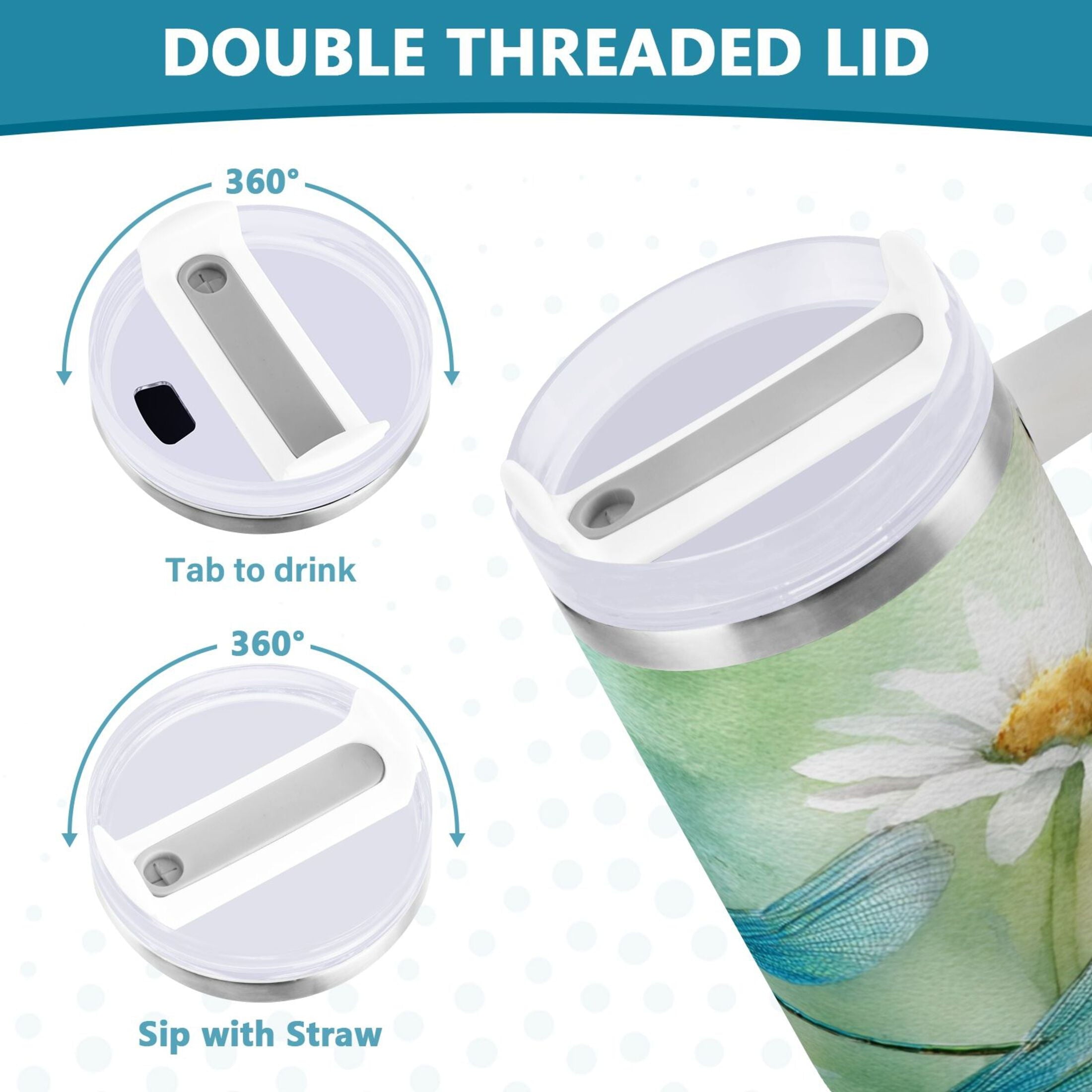 30 oz Insulated Stainless Steel Tumbler Double Wall Stainless Steel Tumbler with 2-Way Drinking Beautiful Dragonflies and Daisies [0V40]