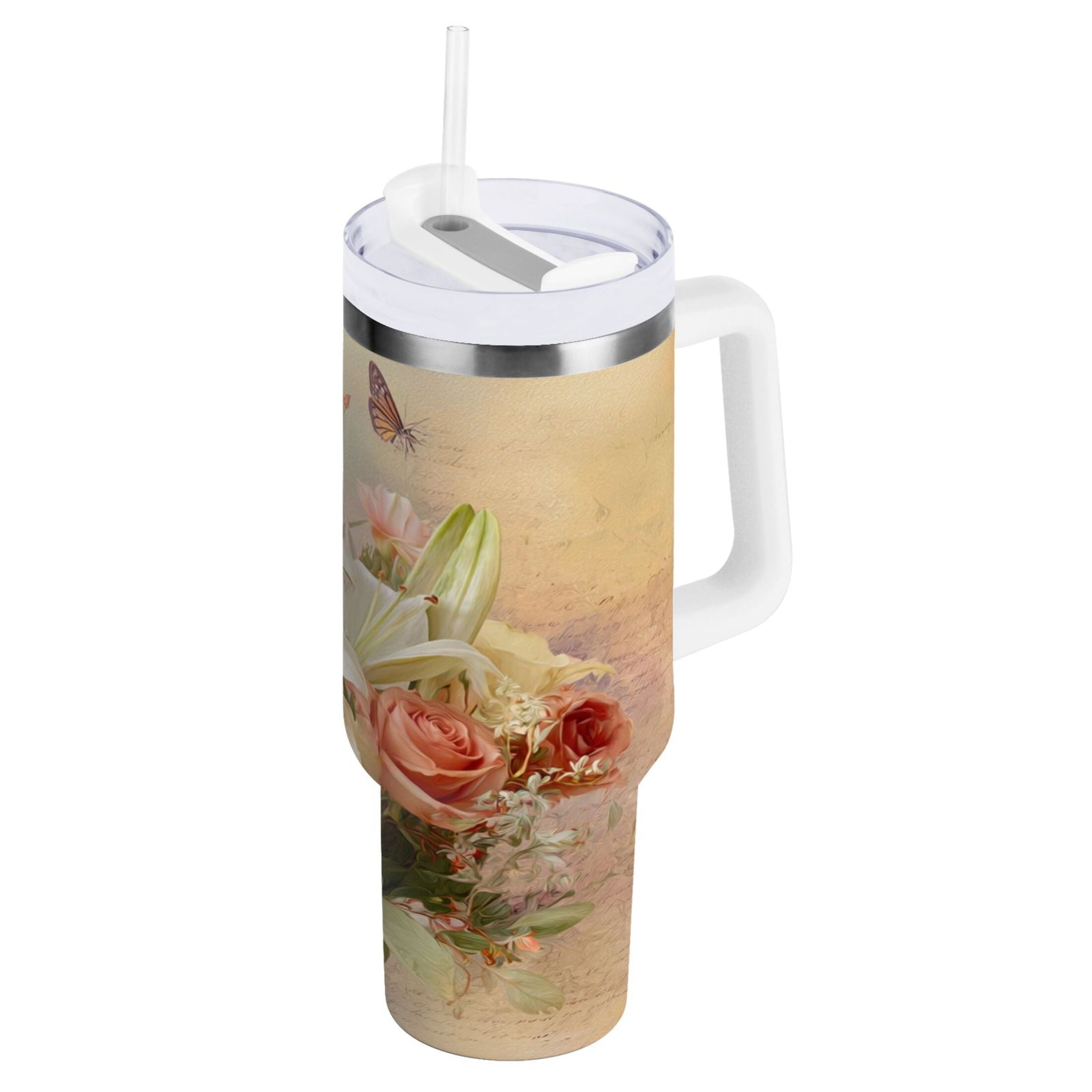 30 oz Insulated Stainless Steel Tumbler Double Wall Stainless Steel Tumbler with 2-Way Drinking Beautiful Floral Bouquet [Q5IH]