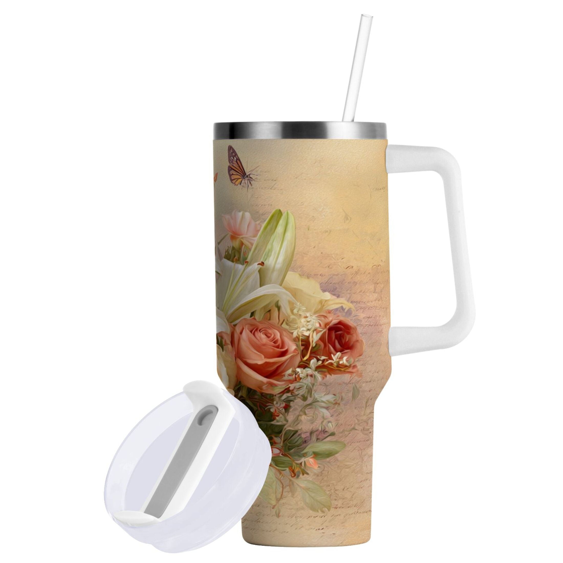 30 oz Insulated Stainless Steel Tumbler Double Wall Stainless Steel Tumbler with 2-Way Drinking Beautiful Floral Bouquet [Q5IH]