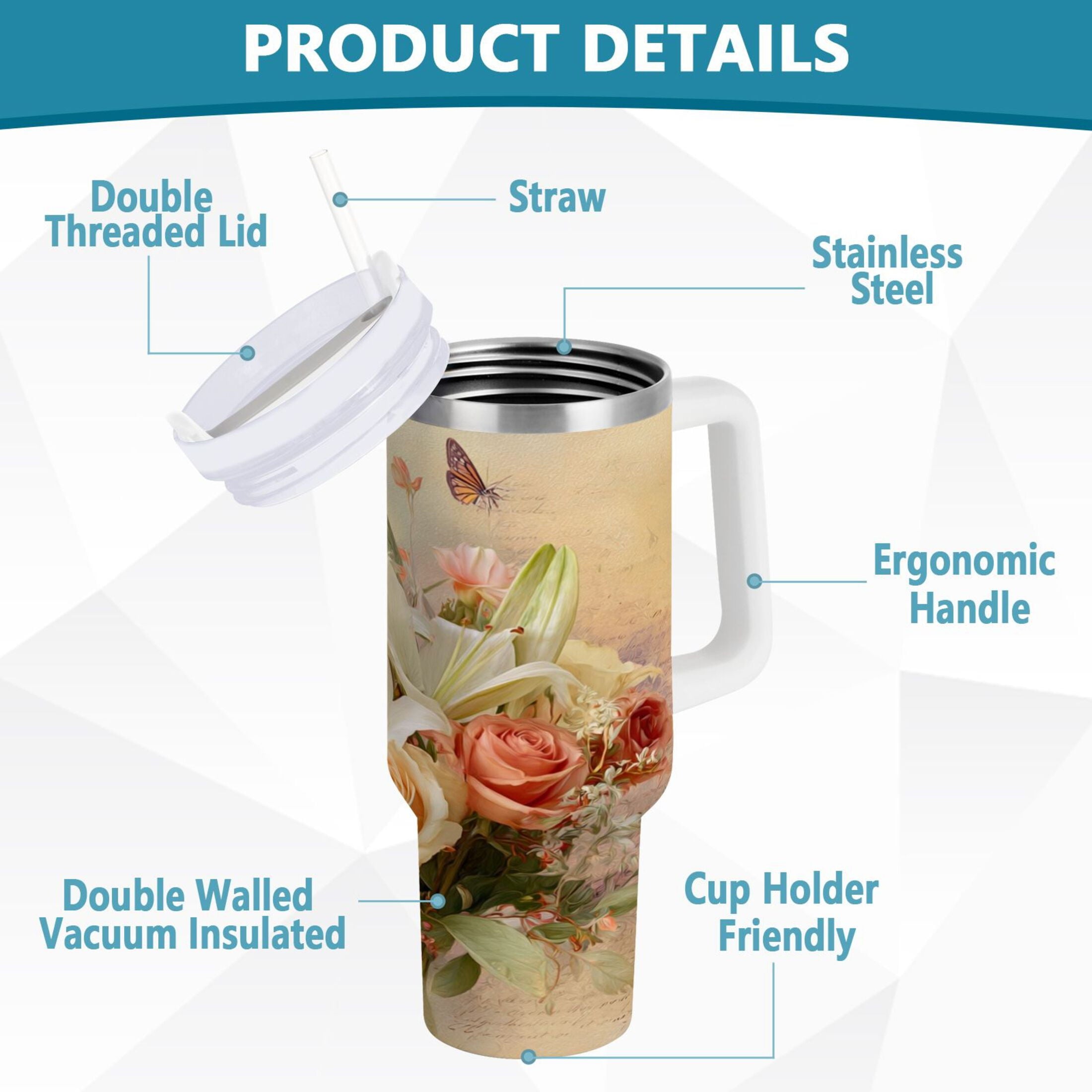 30 oz Insulated Stainless Steel Tumbler Double Wall Stainless Steel Tumbler with 2-Way Drinking Beautiful Floral Bouquet [Q5IH]