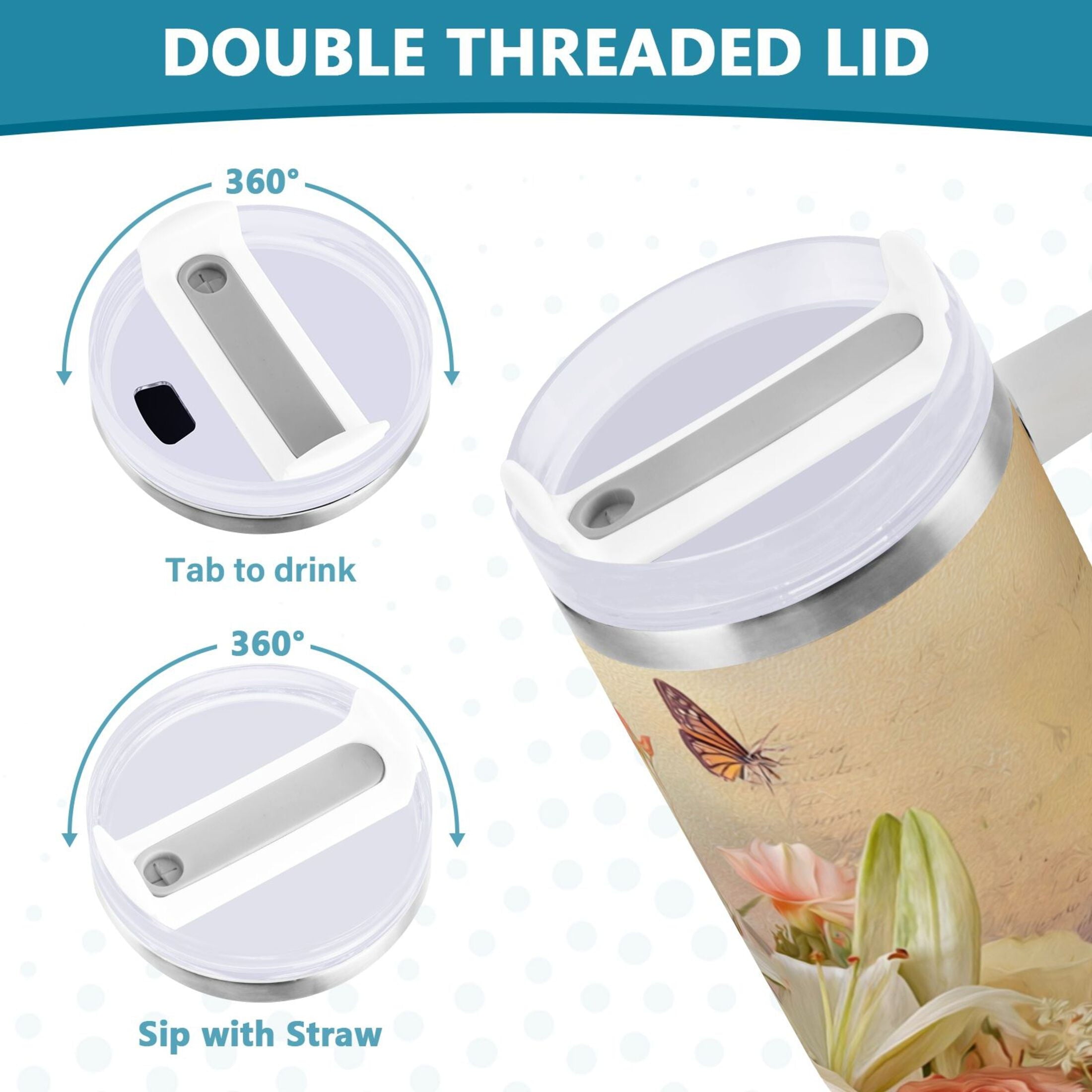 30 oz Insulated Stainless Steel Tumbler Double Wall Stainless Steel Tumbler with 2-Way Drinking Beautiful Floral Bouquet [Q5IH]