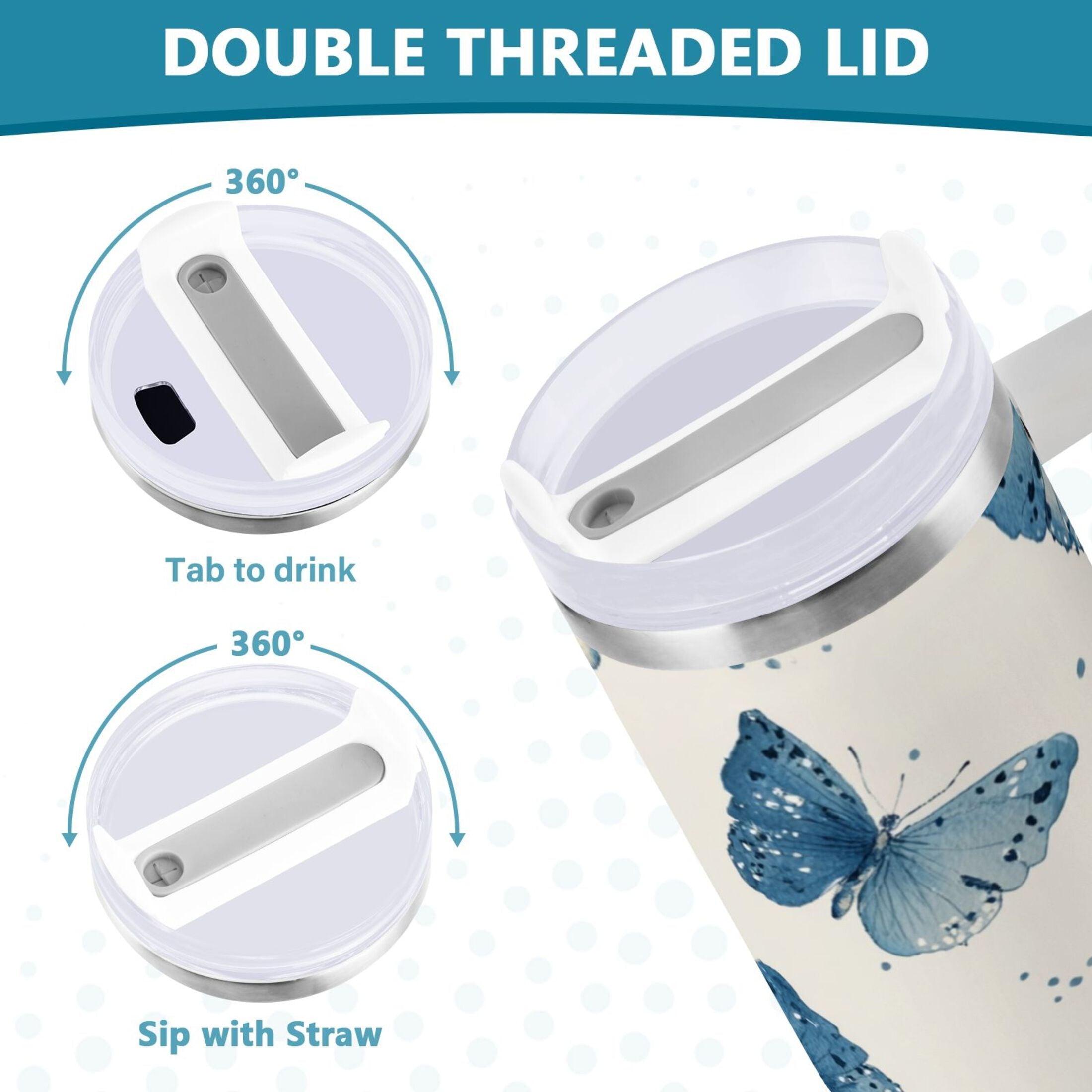 30 oz Insulated Stainless Steel Tumbler Double Wall Stainless Steel Tumbler with 2-Way Drinking Blue Watercolor Butterflies [UW17]