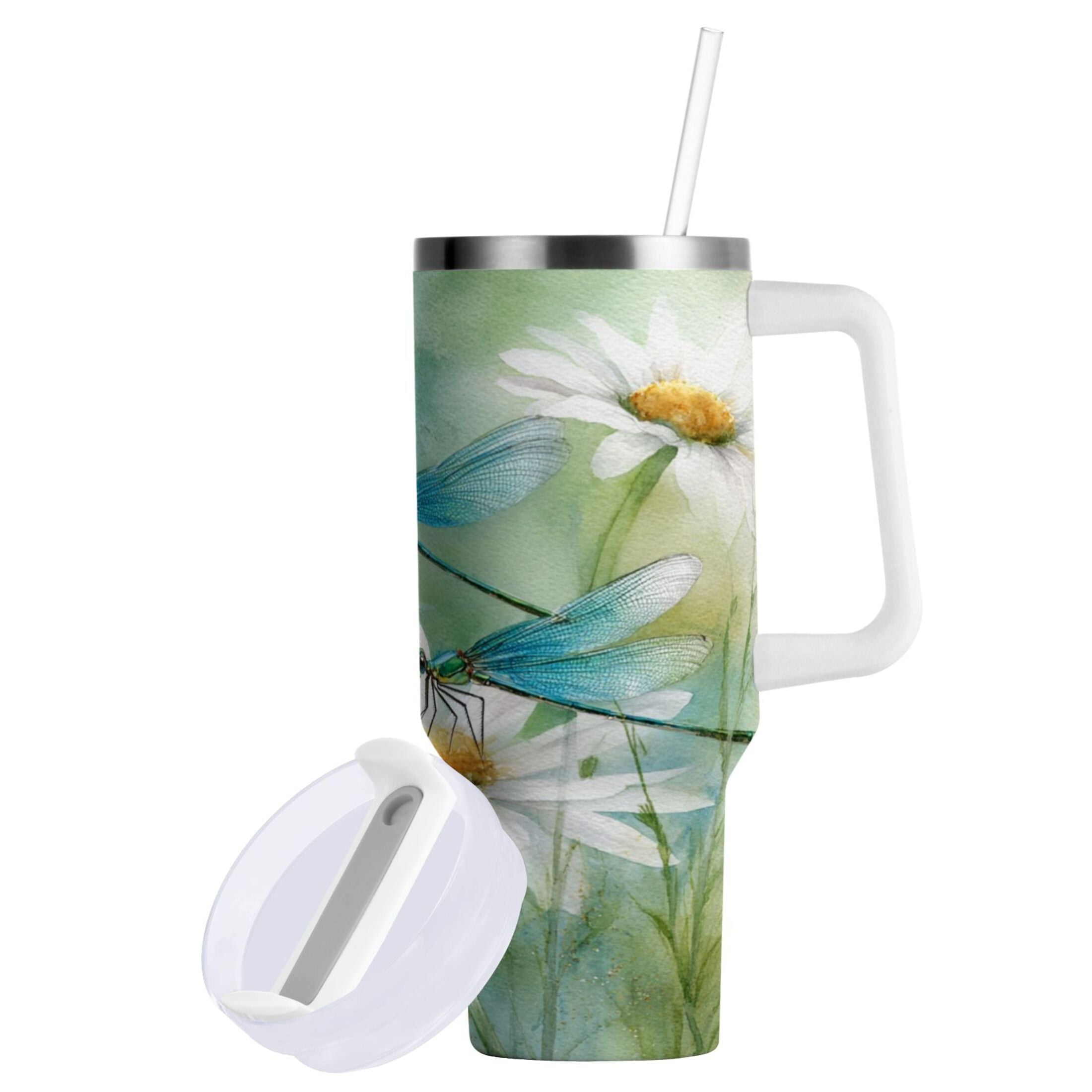 30 oz Insulated Stainless Steel Tumbler Double Wall Stainless Steel Tumbler with 2-Way Drinking Beautiful Dragonflies and Daisies [0V40]
