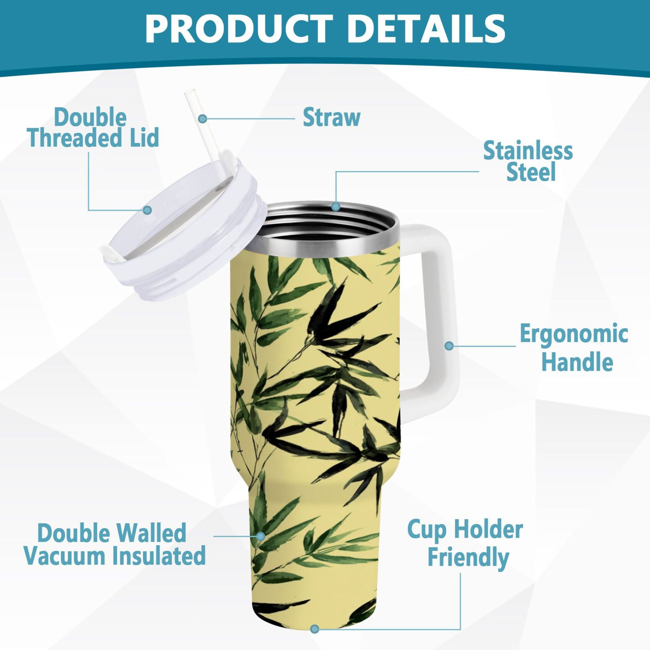 30 oz Insulated Stainless Steel Tumbler Double Wall Stainless Steel Tumbler with 2-Way Drinking Bamboo and Green Leaves [8LM6]