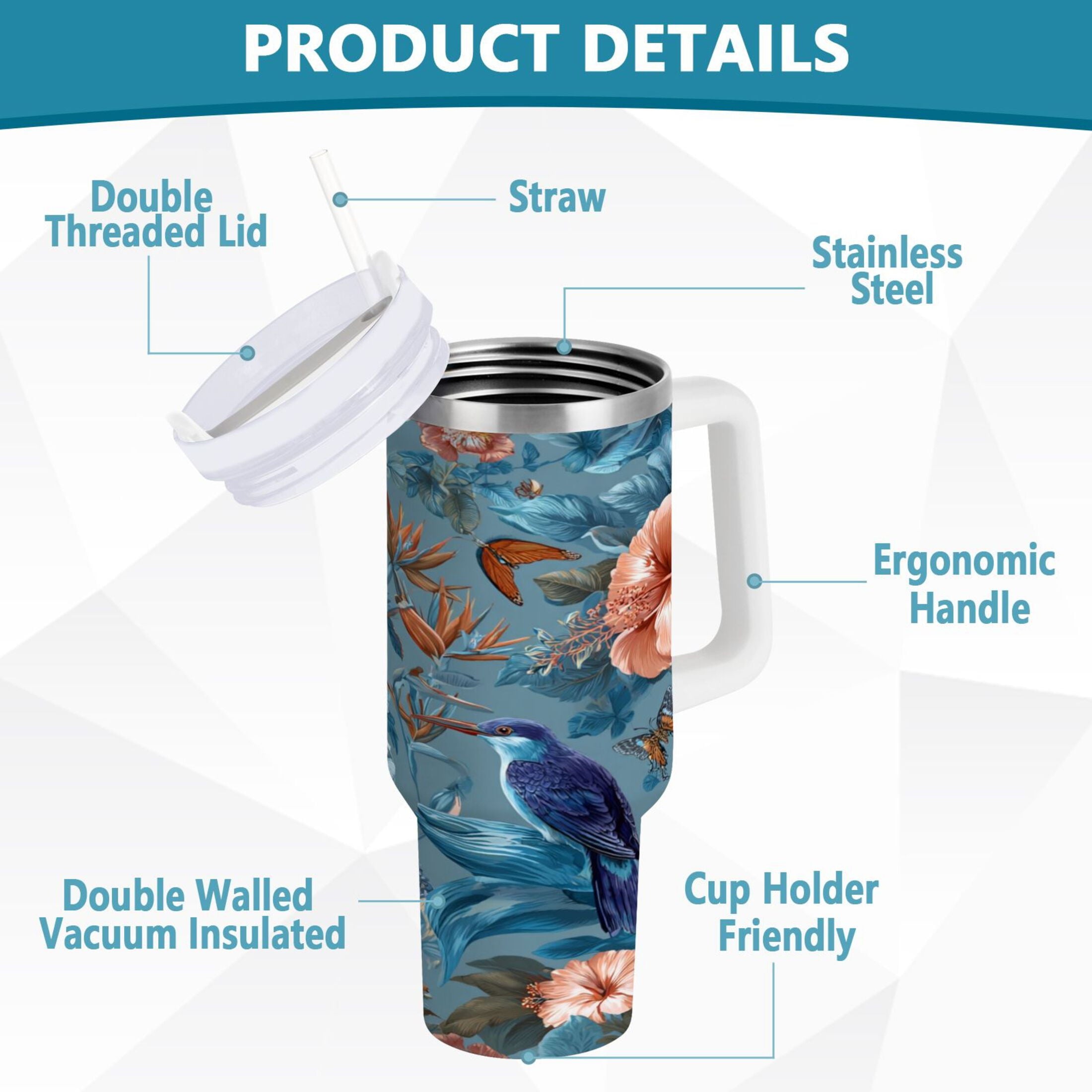 30 oz Insulated Stainless Steel Tumbler Double Wall Stainless Steel Tumbler with 2-Way Drinking Birds and Flowers [JKCJ]