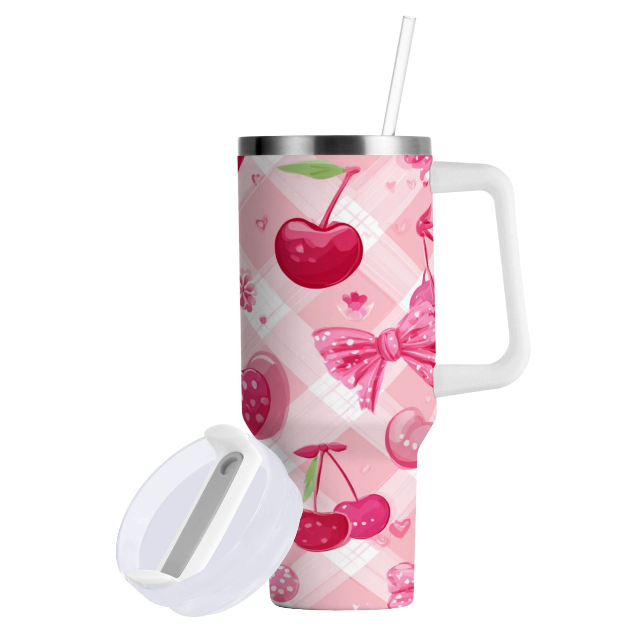 30 oz Insulated Stainless Steel Tumbler Double Wall Stainless Steel Tumbler with 2-Way Drinking Cherry and Pink Bow Pattern [Z4TM]