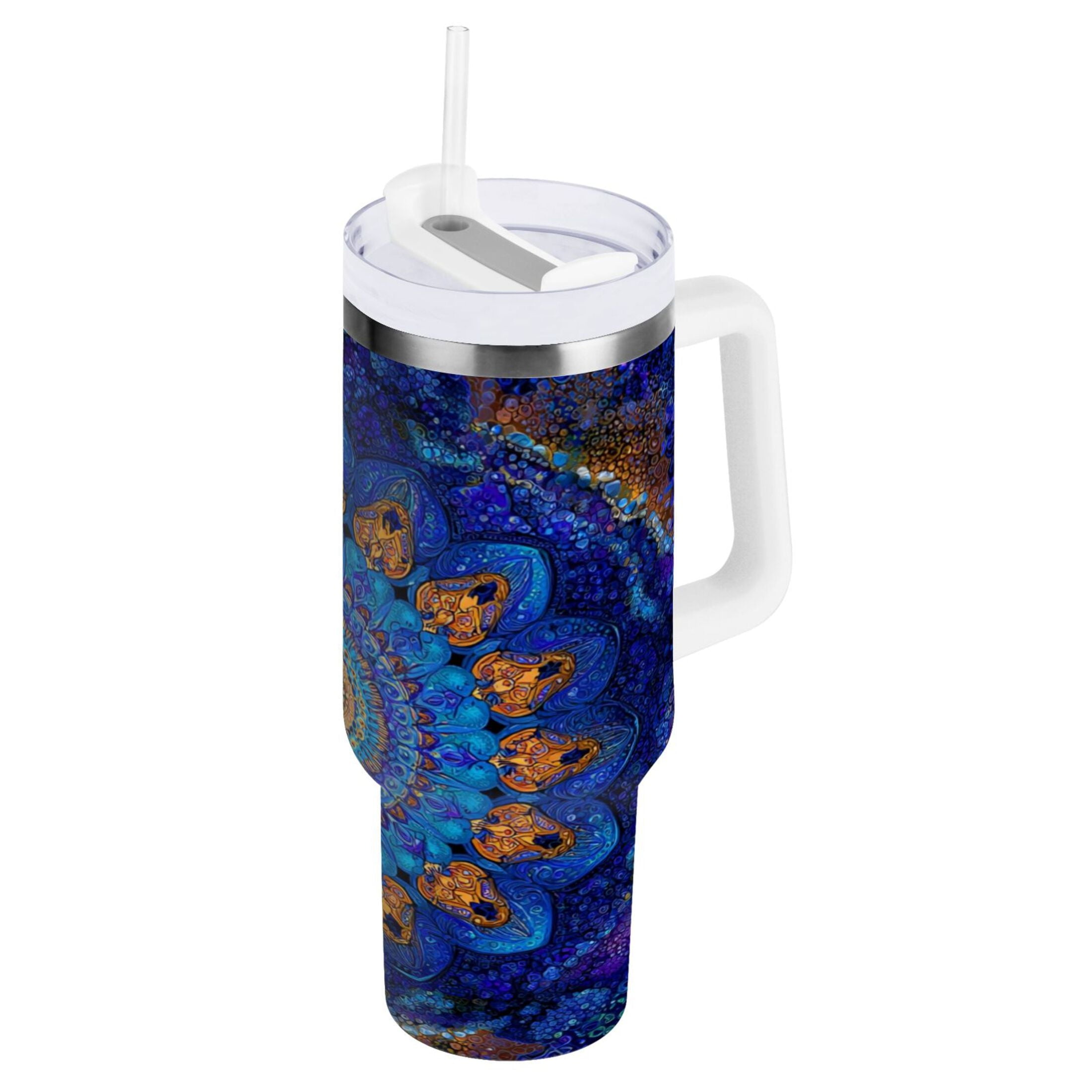 30 oz Insulated Stainless Steel Tumbler Double Wall Stainless Steel Tumbler with 2-Way Drinking Blue Kaleidoscopic Pattern [PD96]