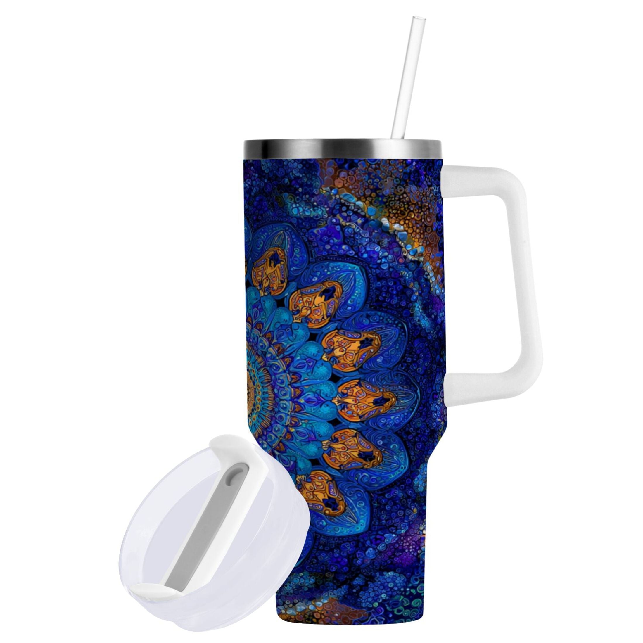 30 oz Insulated Stainless Steel Tumbler Double Wall Stainless Steel Tumbler with 2-Way Drinking Blue Kaleidoscopic Pattern [PD96]