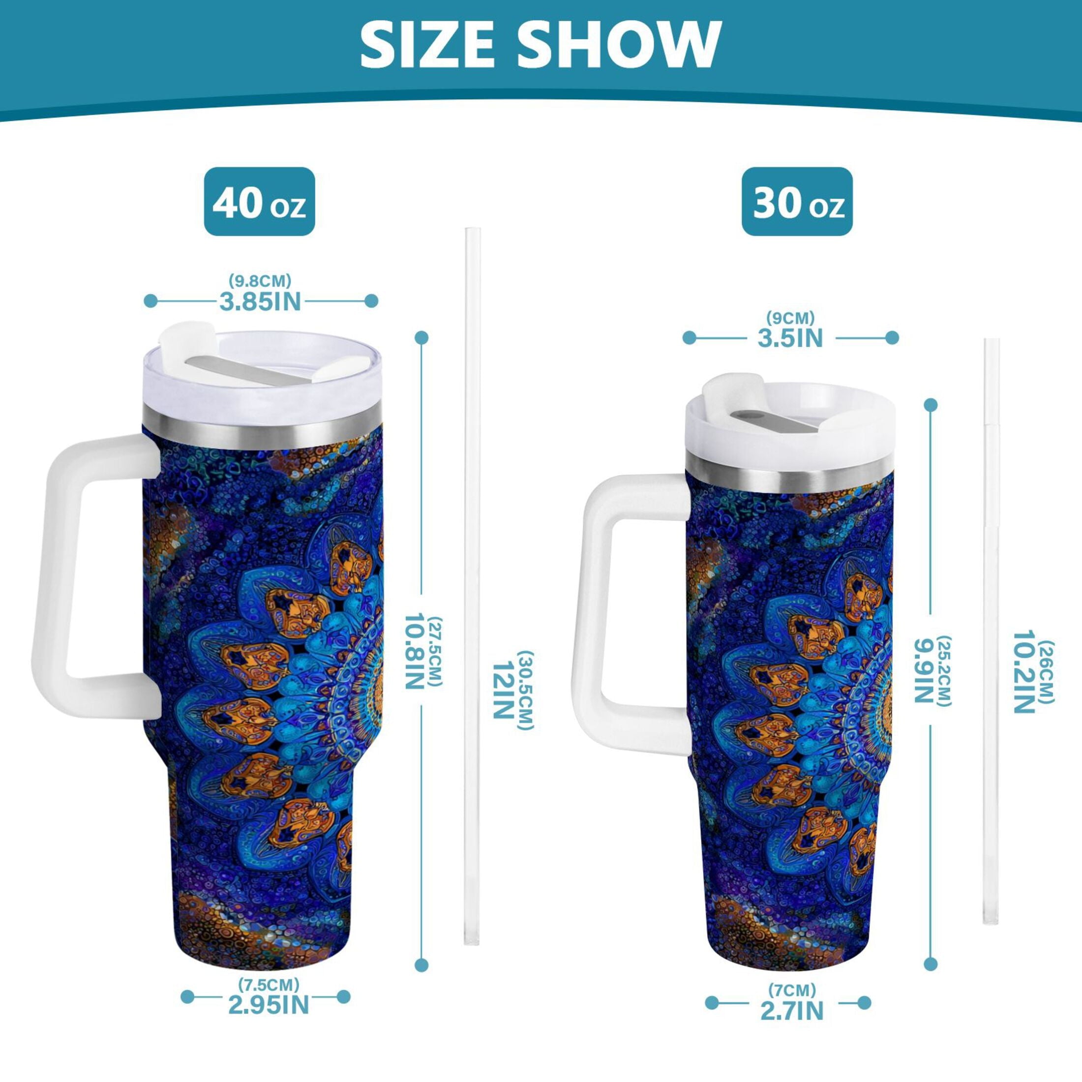 30 oz Insulated Stainless Steel Tumbler Double Wall Stainless Steel Tumbler with 2-Way Drinking Blue Kaleidoscopic Pattern [PD96]