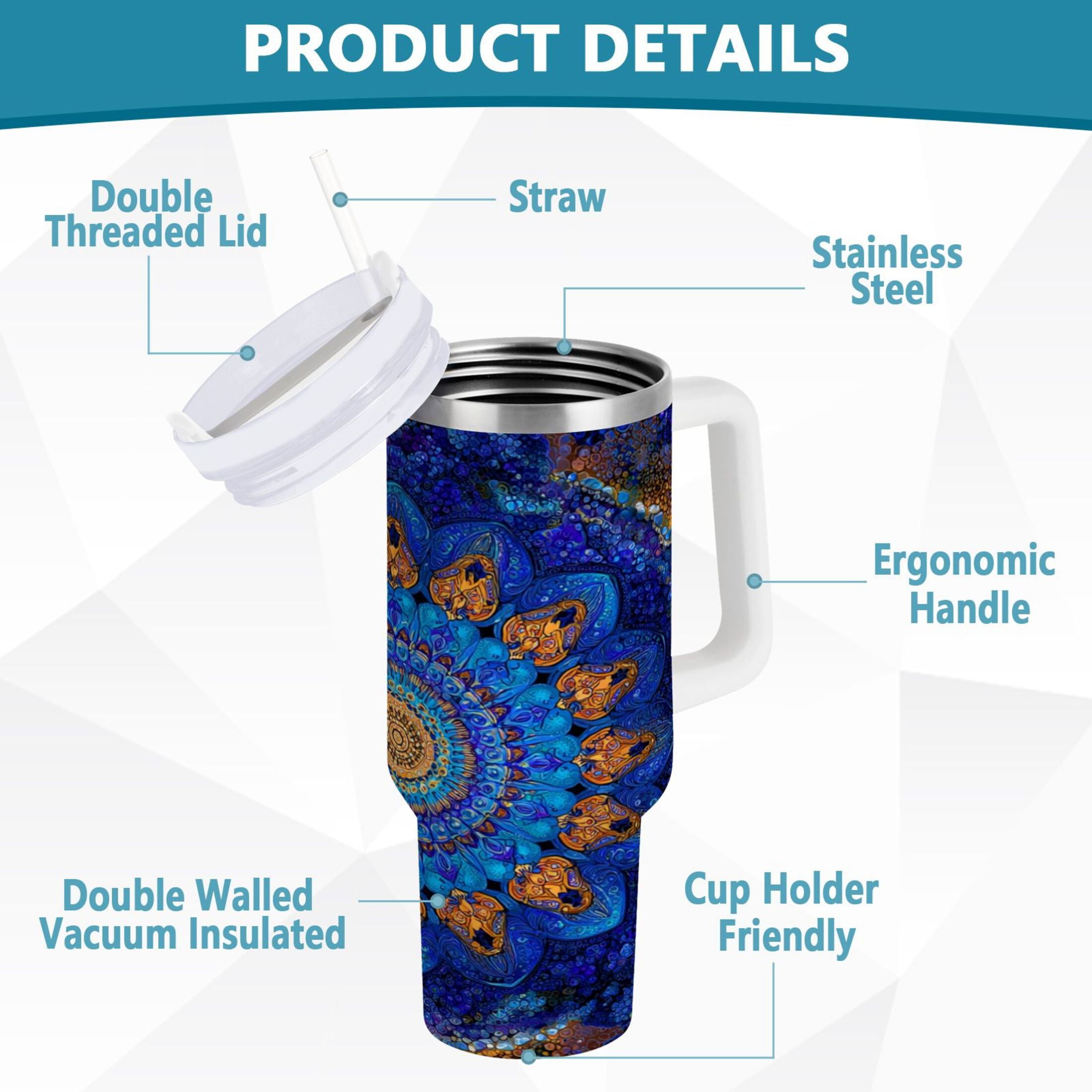 30 oz Insulated Stainless Steel Tumbler Double Wall Stainless Steel Tumbler with 2-Way Drinking Blue Kaleidoscopic Pattern [PD96]