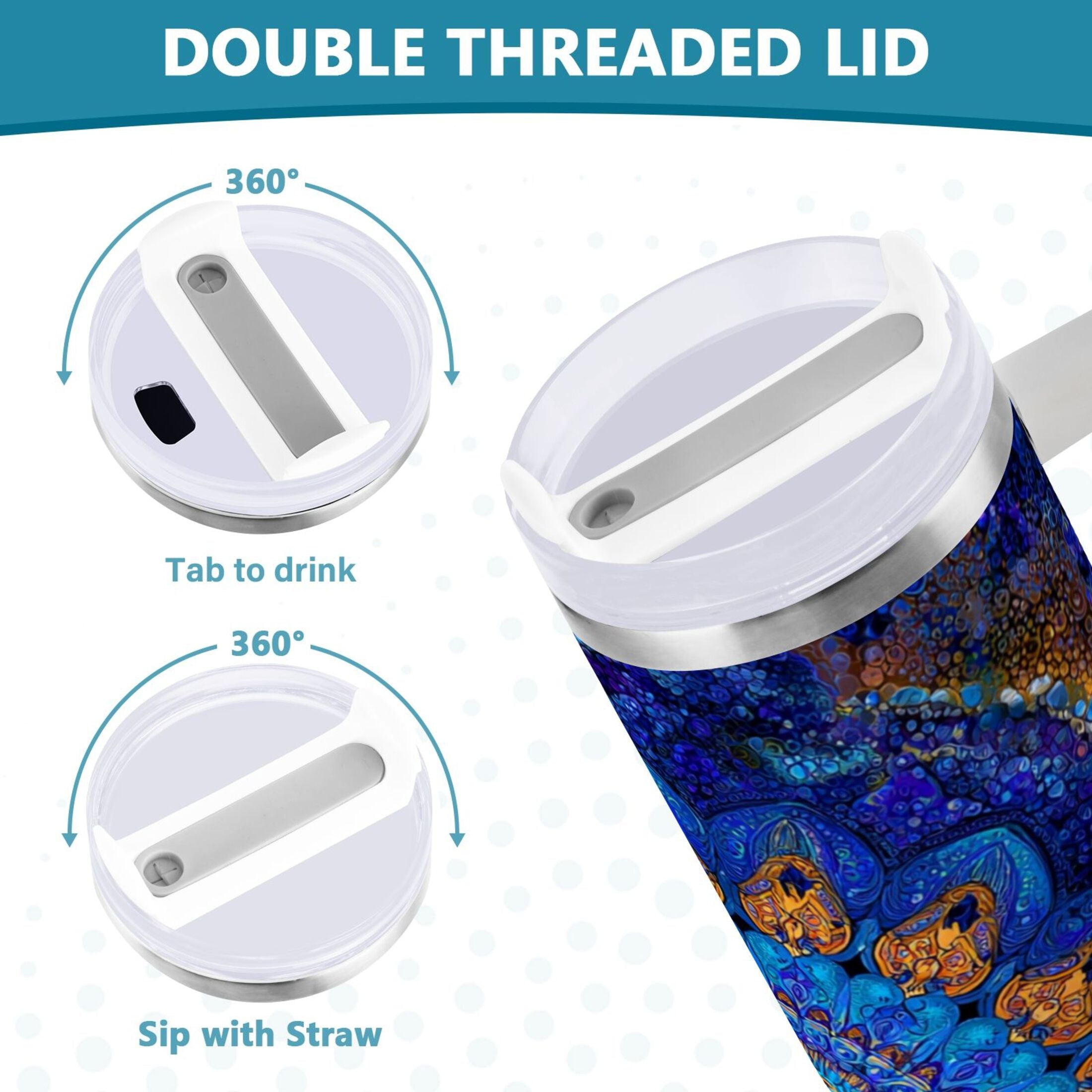 30 oz Insulated Stainless Steel Tumbler Double Wall Stainless Steel Tumbler with 2-Way Drinking Blue Kaleidoscopic Pattern [PD96]