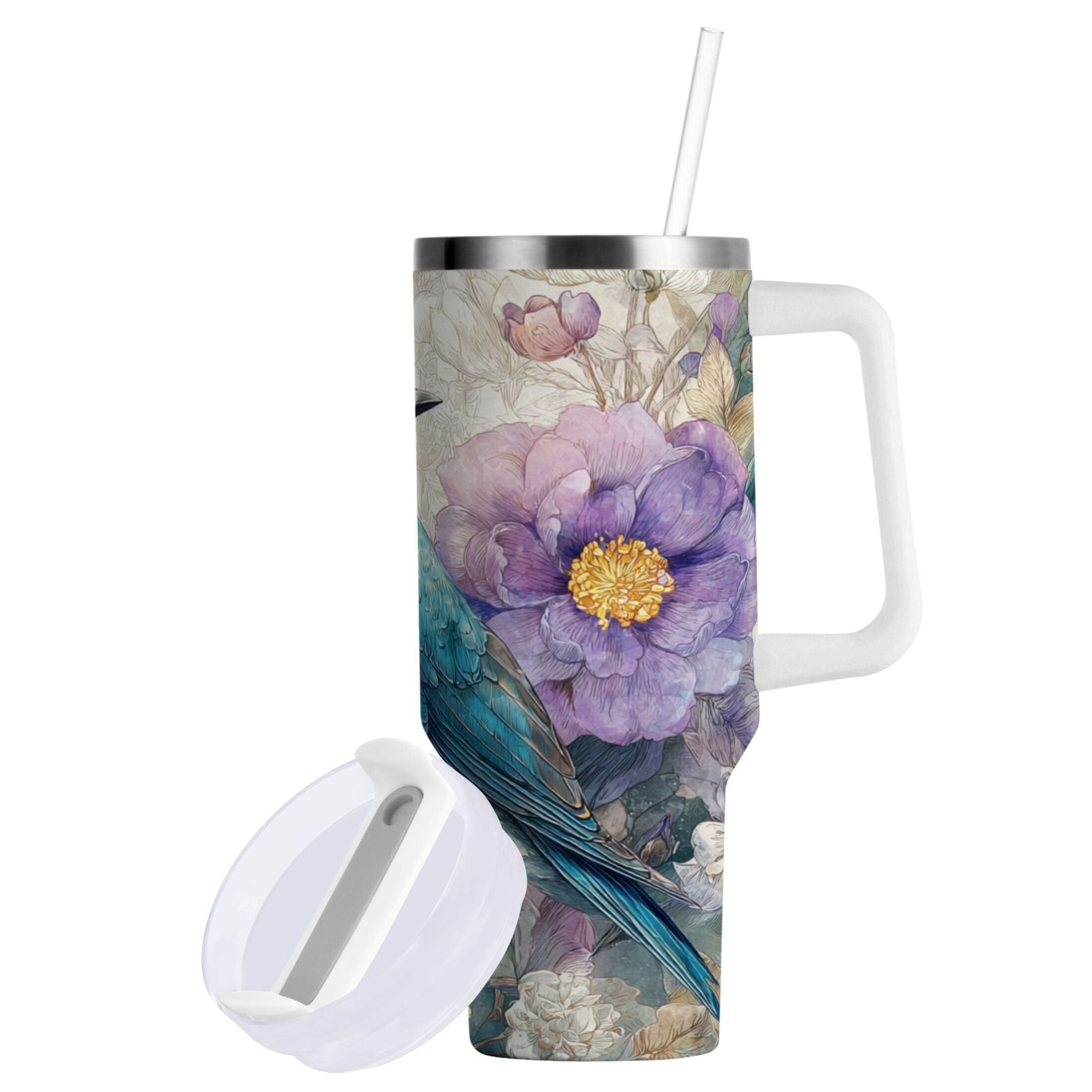 30 oz Insulated Stainless Steel Tumbler Double Wall Stainless Steel Tumbler with 2-Way Drinking Bluebird and Flower [LQBZ]