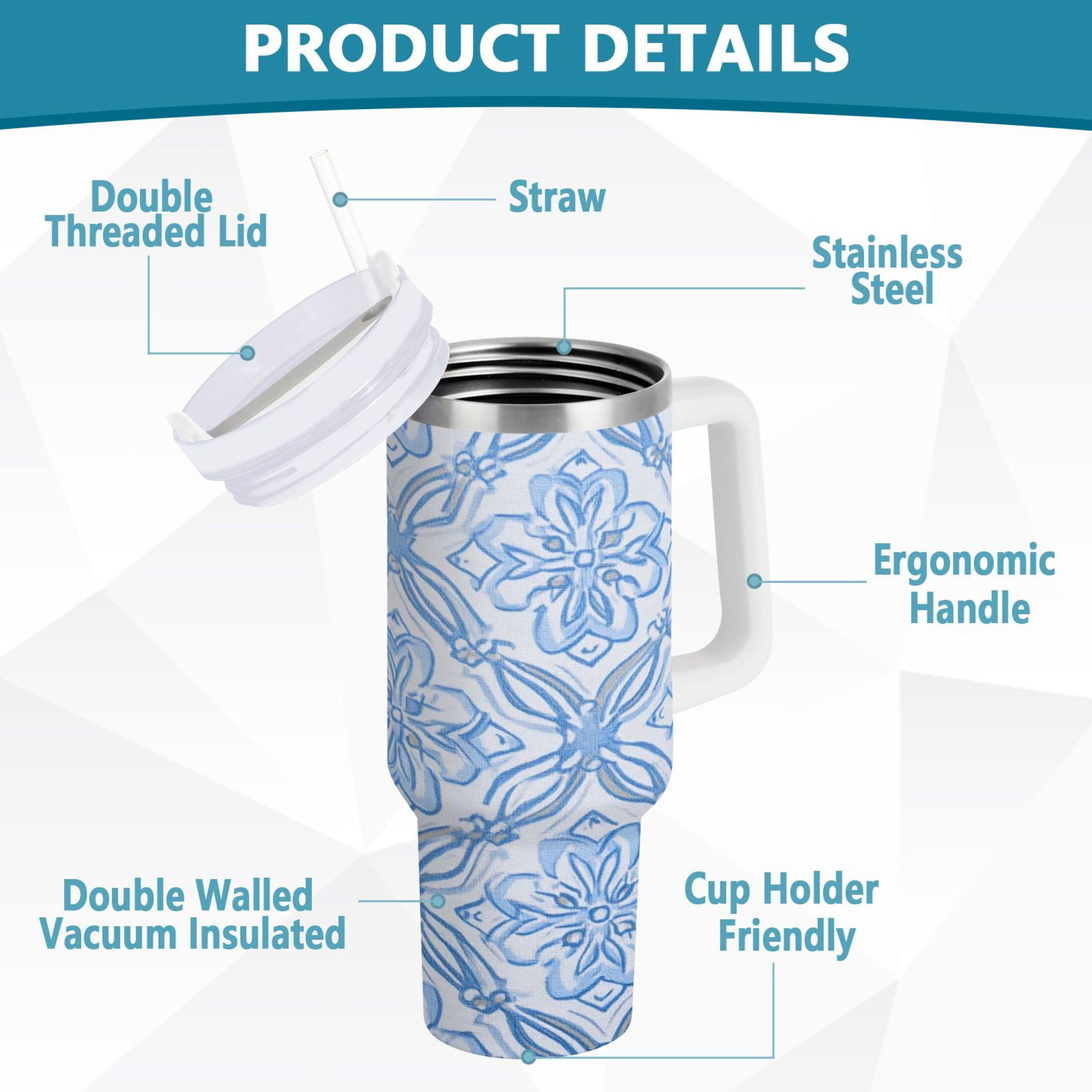 30 oz Insulated Stainless Steel Tumbler Double Wall Stainless Steel Tumbler with 2-Way Drinking Blue Elegant Geometric Design [55KY]