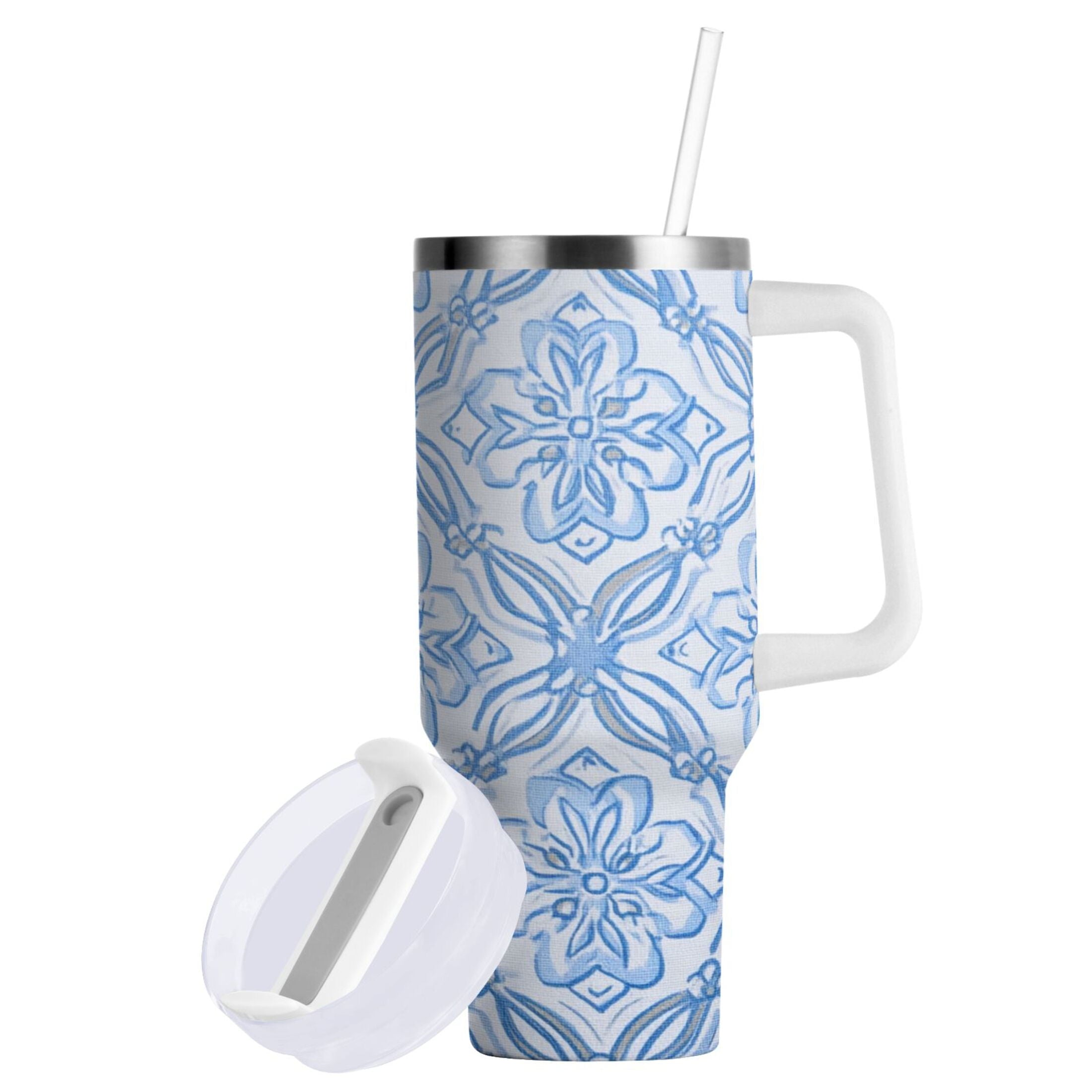 30 oz Insulated Stainless Steel Tumbler Double Wall Stainless Steel Tumbler with 2-Way Drinking Blue Elegant Geometric Design [55KY]