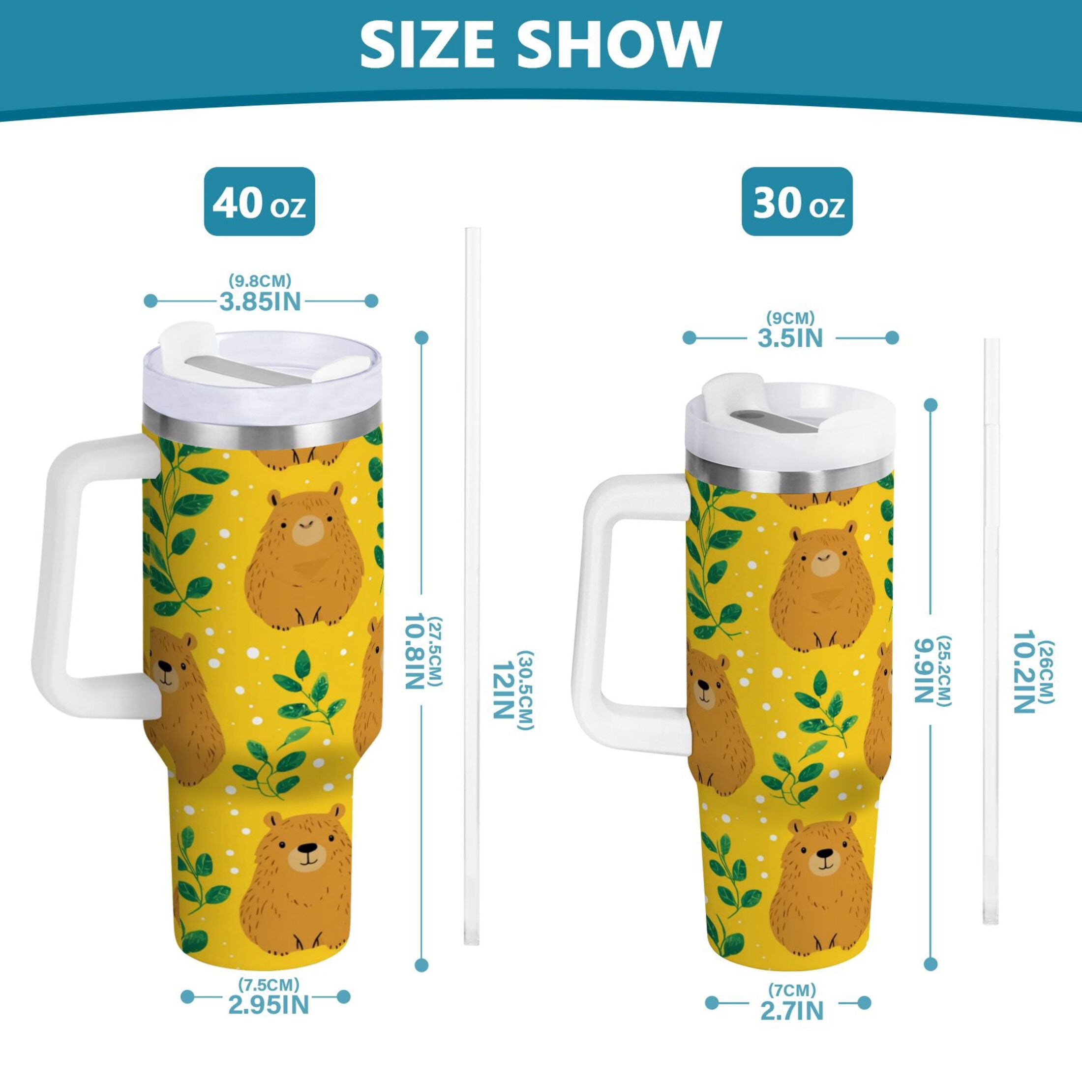 30 oz Insulated Stainless Steel Tumbler Double Wall Stainless Steel Tumbler with 2-Way Drinking Capybara and Green Leaves [IJCM]