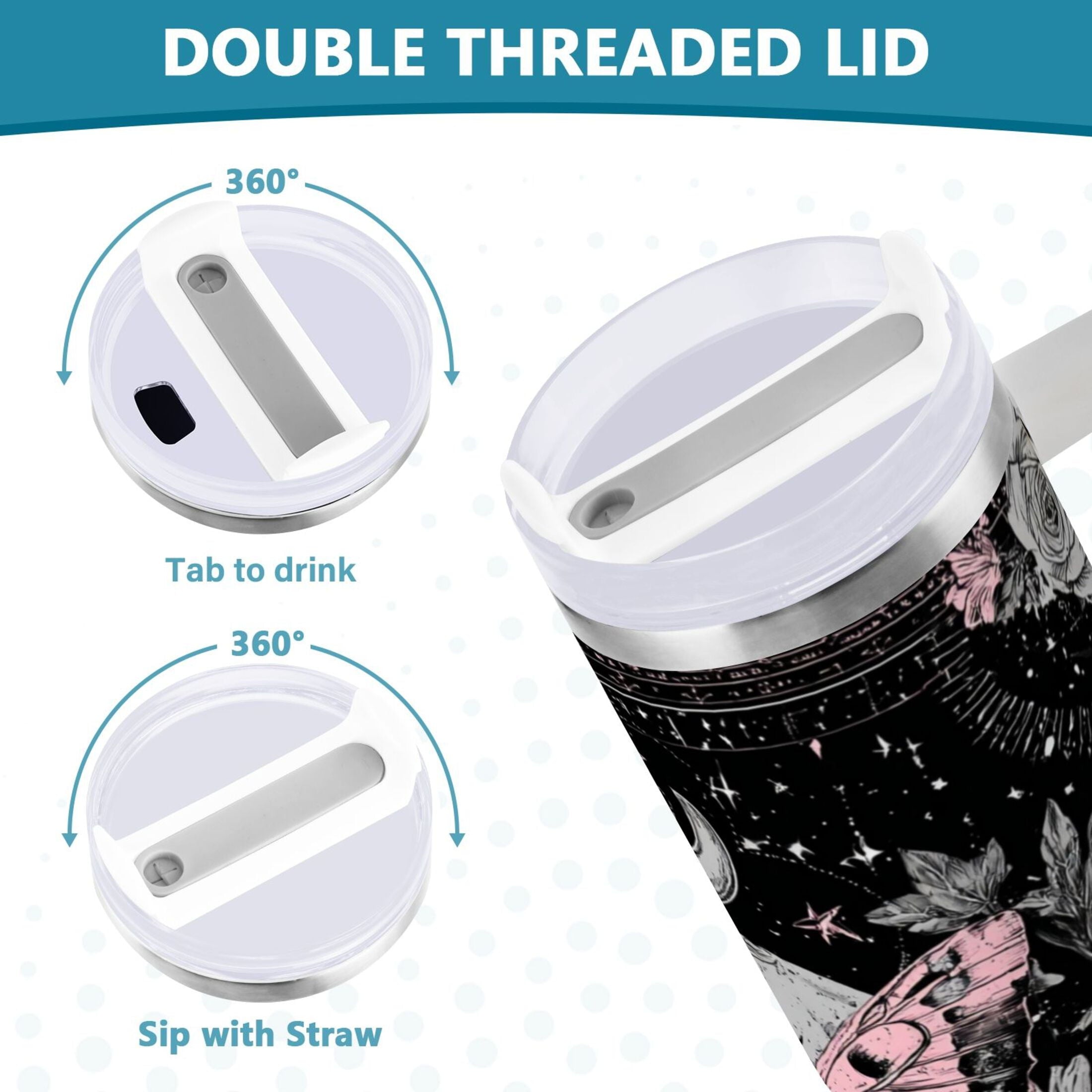 30 oz Insulated Stainless Steel Tumbler Double Wall Stainless Steel Tumbler with 2-Way Drinking Butterfly by Moon and Flowers [HFI0]
