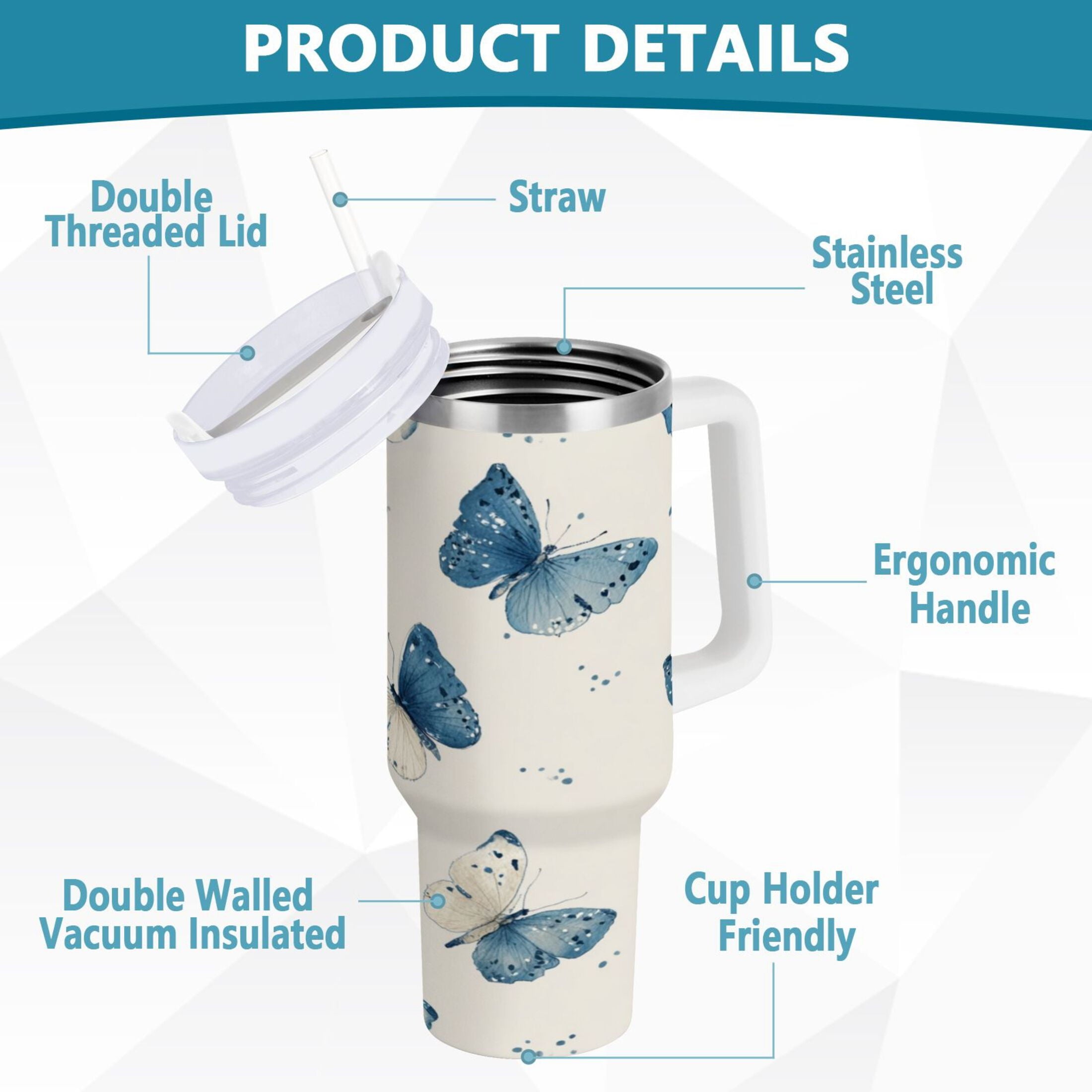 30 oz Insulated Stainless Steel Tumbler Double Wall Stainless Steel Tumbler with 2-Way Drinking Blue Watercolor Butterflies [UW17]