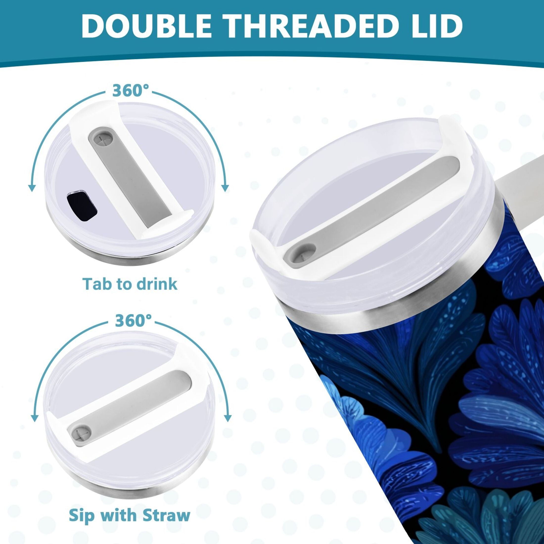 30 oz Insulated Stainless Steel Tumbler Double Wall Stainless Steel Tumbler with 2-Way Drinking Blue Batik Leaves Pattern [SEV6]