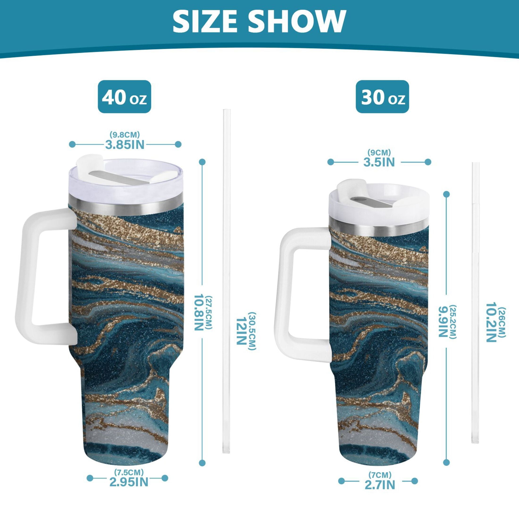 30 oz Insulated Stainless Steel Tumbler Double Wall Stainless Steel Tumbler with 2-Way Drinking Blue and Gold Swirling [YYUW]
