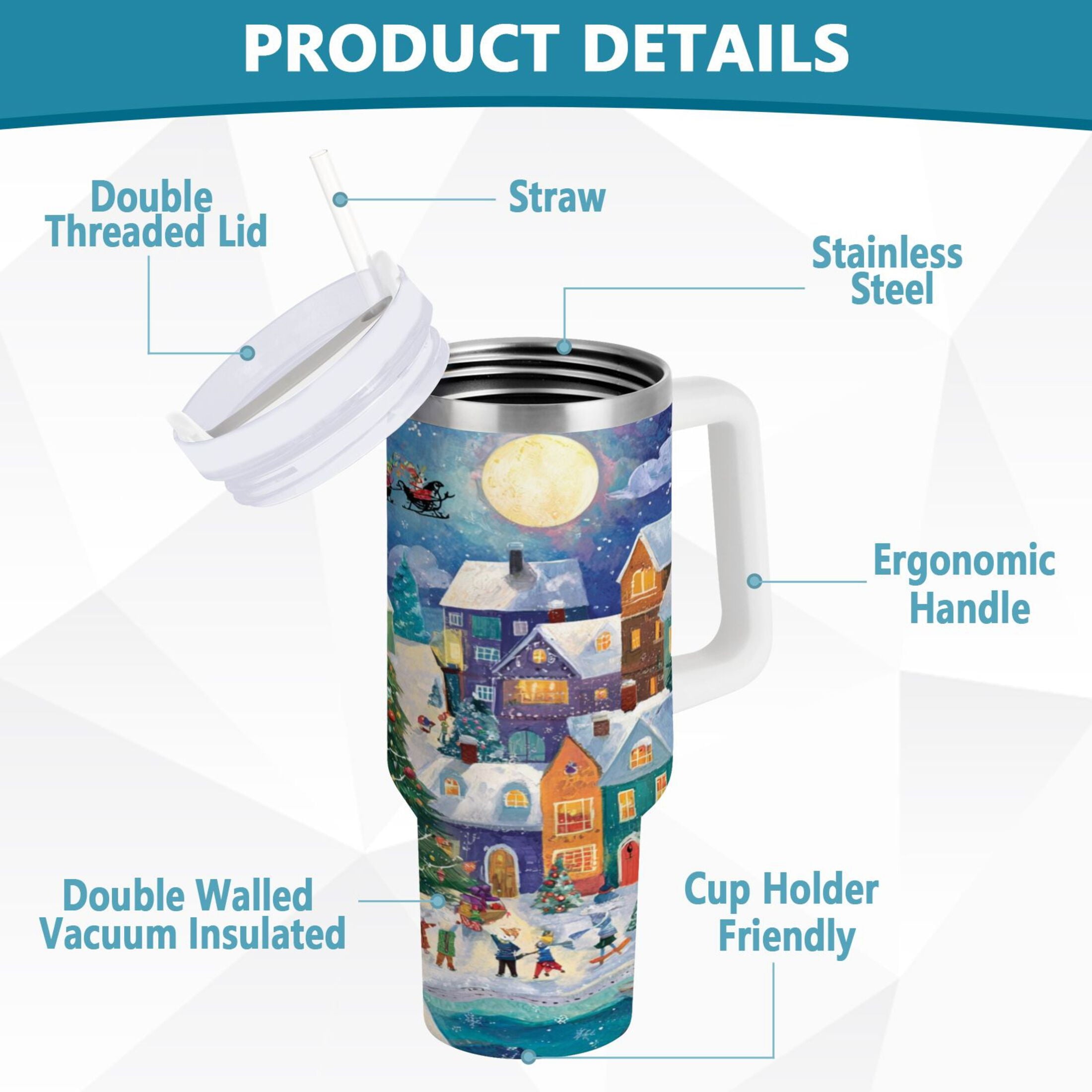 30 oz Insulated Stainless Steel Tumbler Double Wall Stainless Steel Tumbler with 2-Way Drinking Charming Christmas Scene [0ZW1]