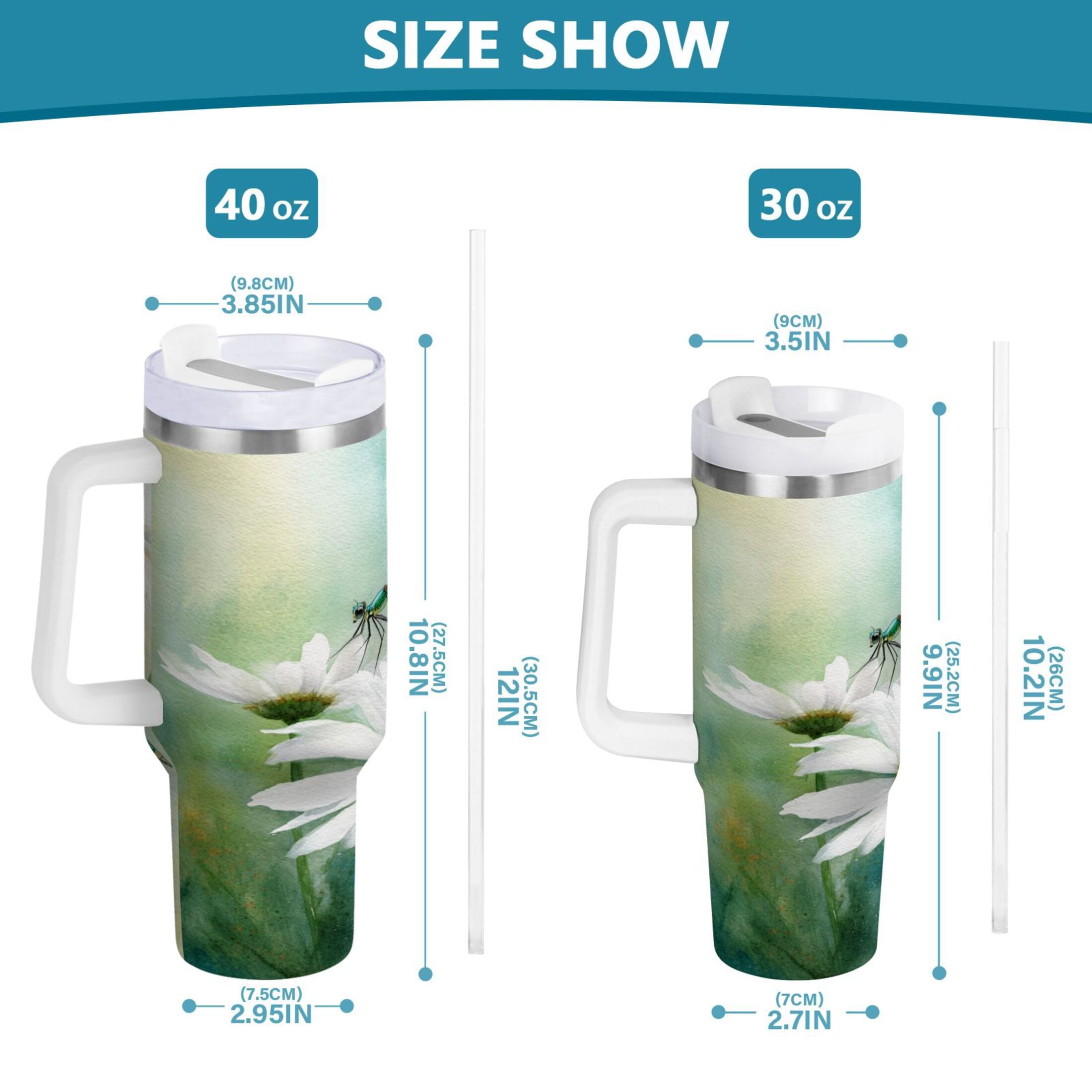 30 oz Insulated Stainless Steel Tumbler Double Wall Stainless Steel Tumbler with 2-Way Drinking Beautiful Dragonflies and Daisies [0V40]