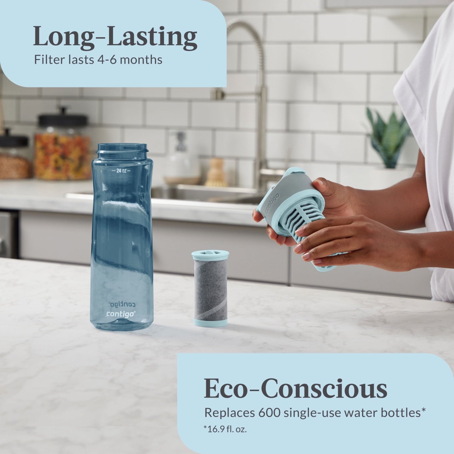 (2 pack) Contigo Clybourn Plastic FreeFlow Filter Water Bottle with AUTOSEAL Lid 24 oz., Dark Ice, with Replacable Filter [SS5T]