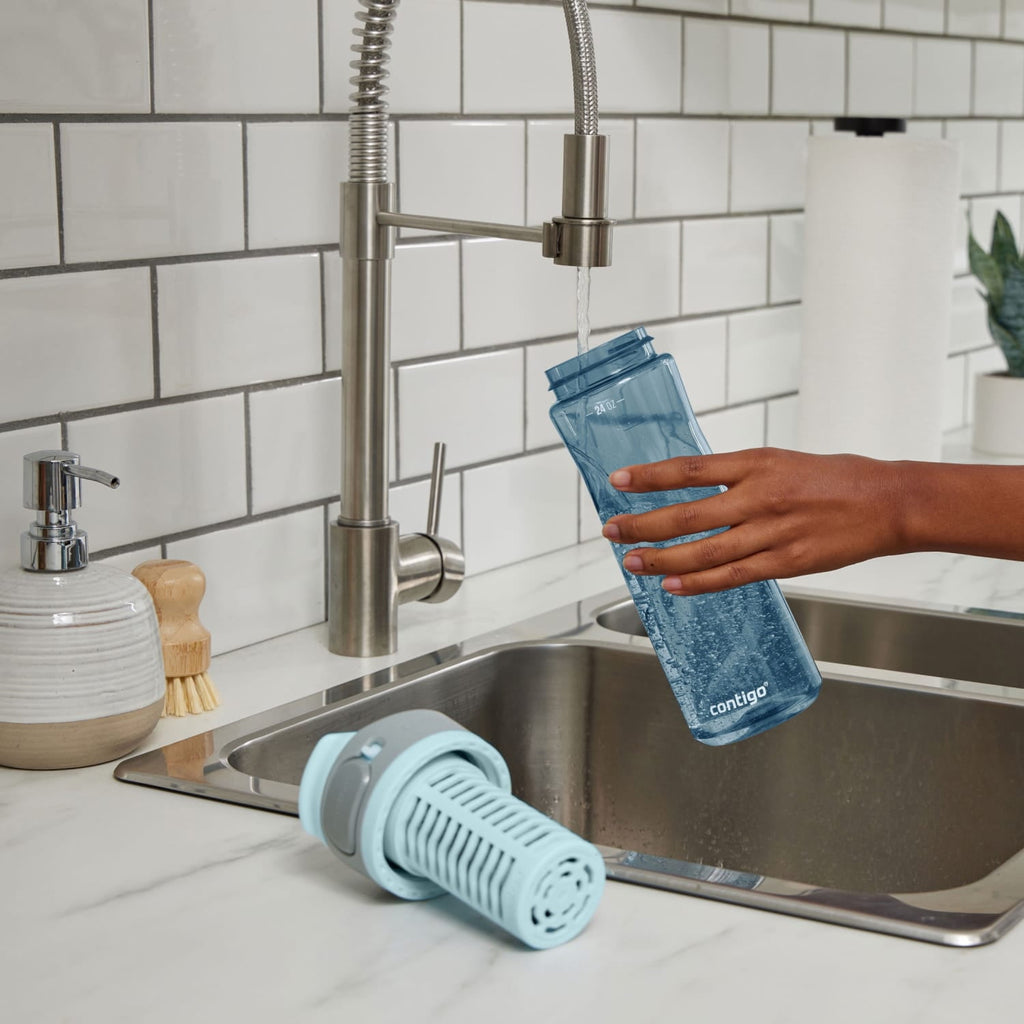 (2 pack) Contigo Clybourn Plastic FreeFlow Filter Water Bottle with AUTOSEAL Lid 24 oz., Dark Ice, with Replacable Filter [SS5T]