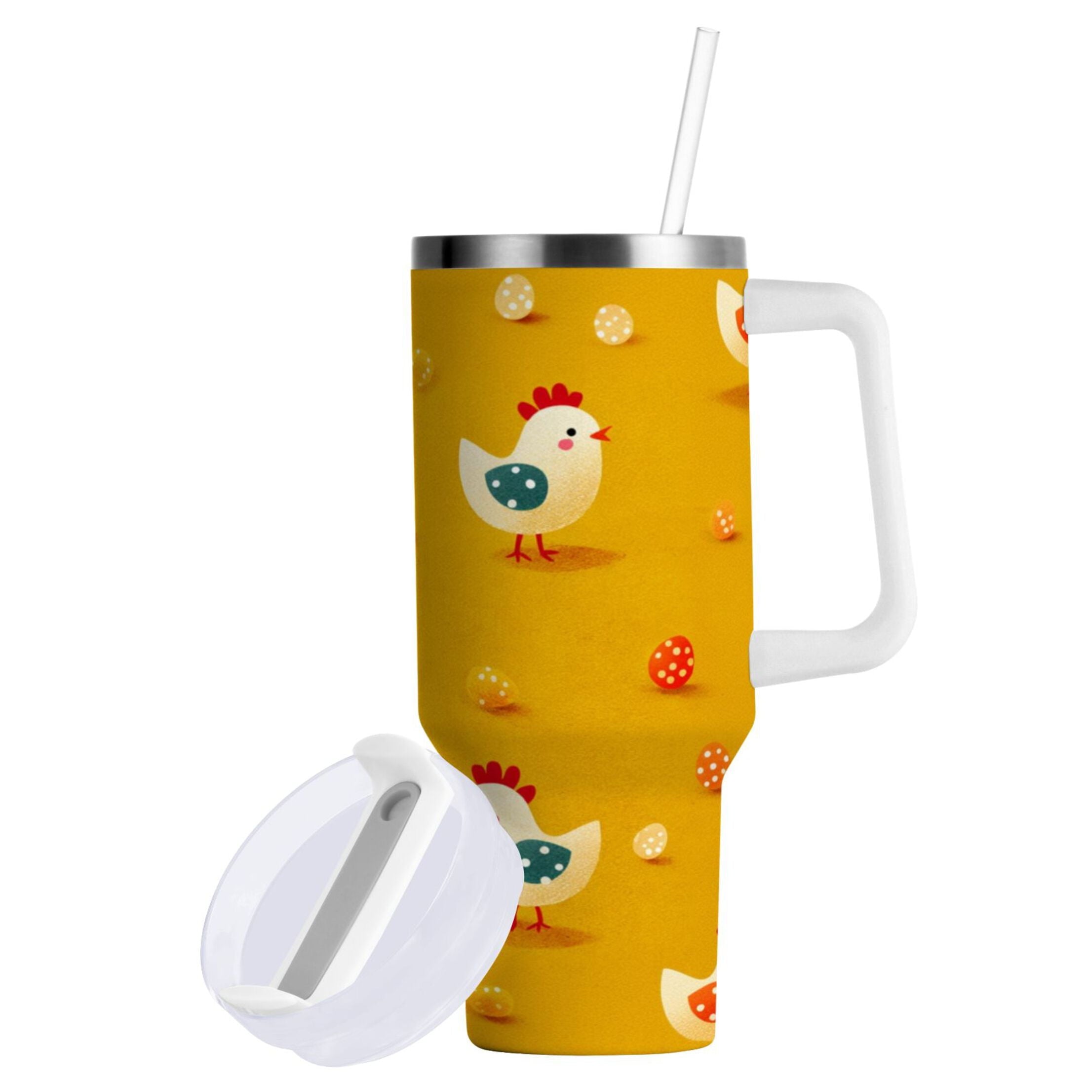30 oz Insulated Stainless Steel Tumbler Double Wall Stainless Steel Tumbler with 2-Way Drinking Cartoon Chickens Pattern [36QW]